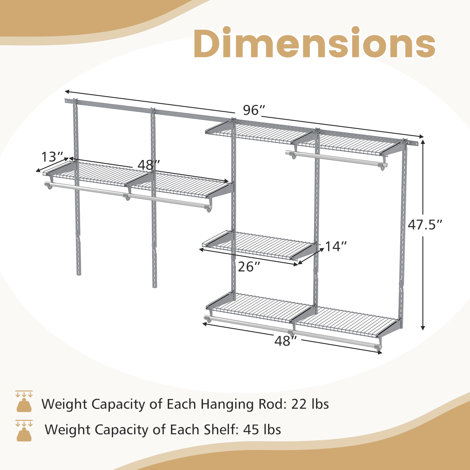 SUGIFT 4-8-ft Wall-Mounted 7 Shelves 5 Hanging Rods Metal Closet Organizer System 48-in x 13-in 45-lb Capacity Gray