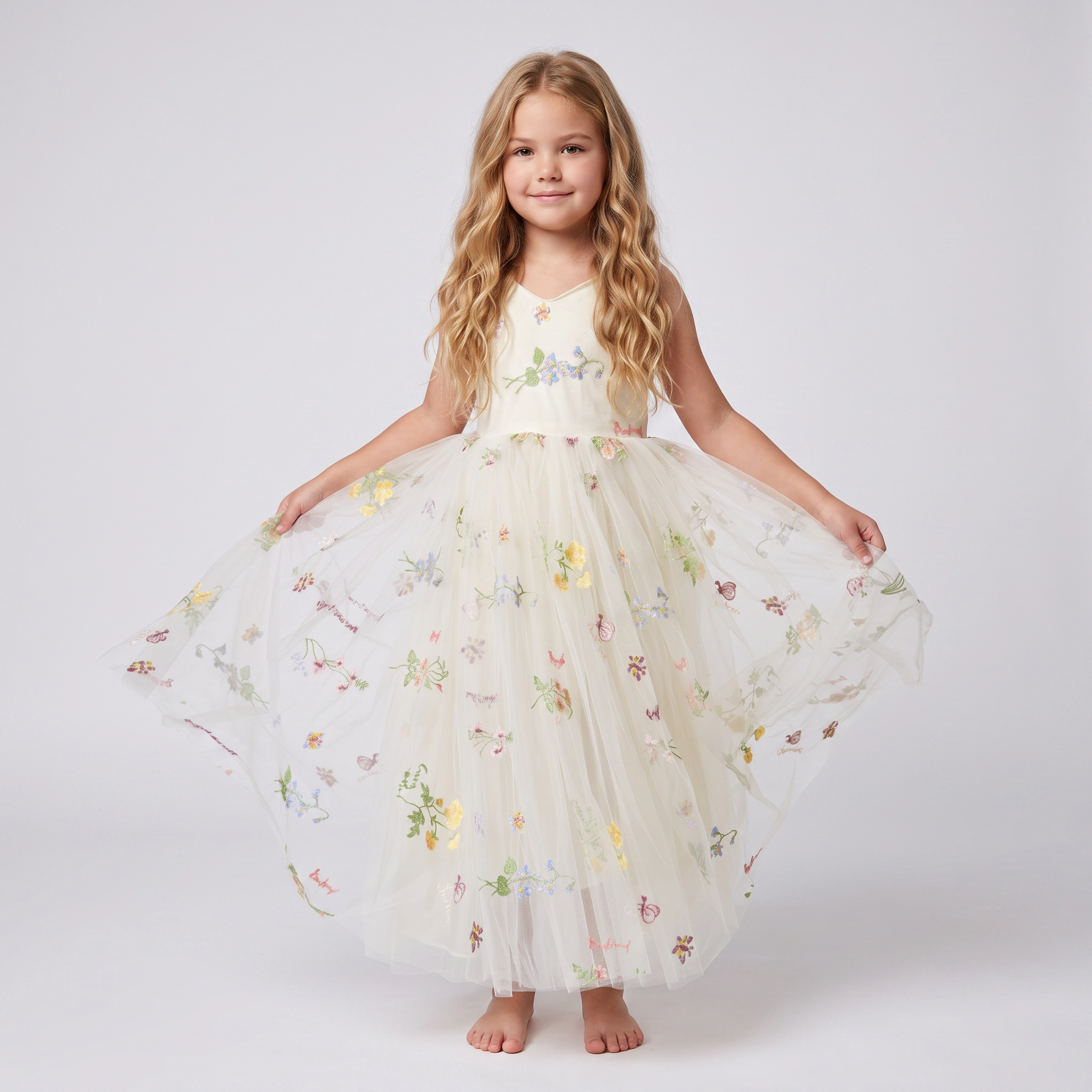 2Bunnies Girls' 2T-12Y Floral Garden Embroidered Tulle Maxi Dress with Cross-Back Tie Bow