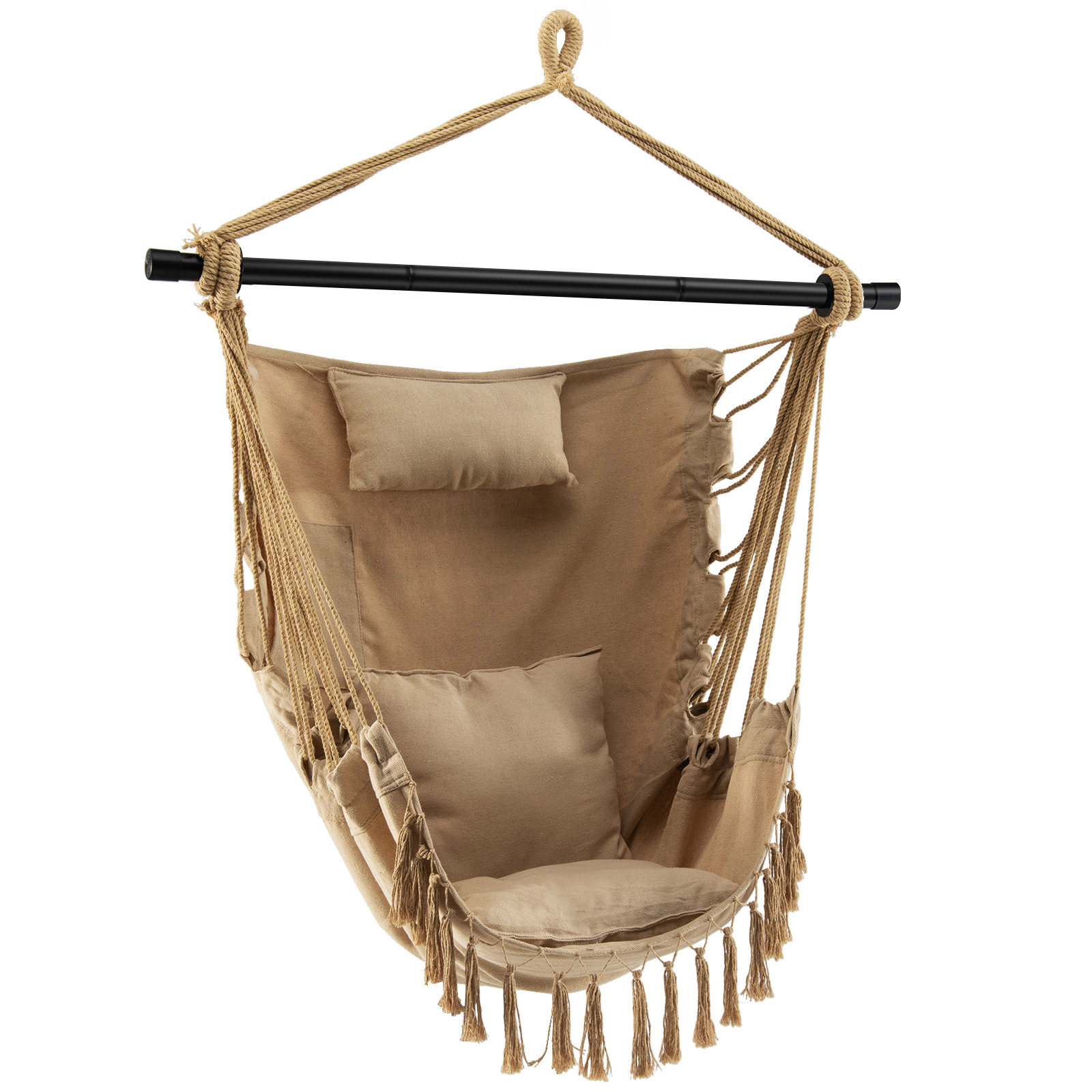 SUGIFT Beige Cotton Rope Hanging Hammock Swing Chair with Side Pocket, Pillow and 2 Cushions