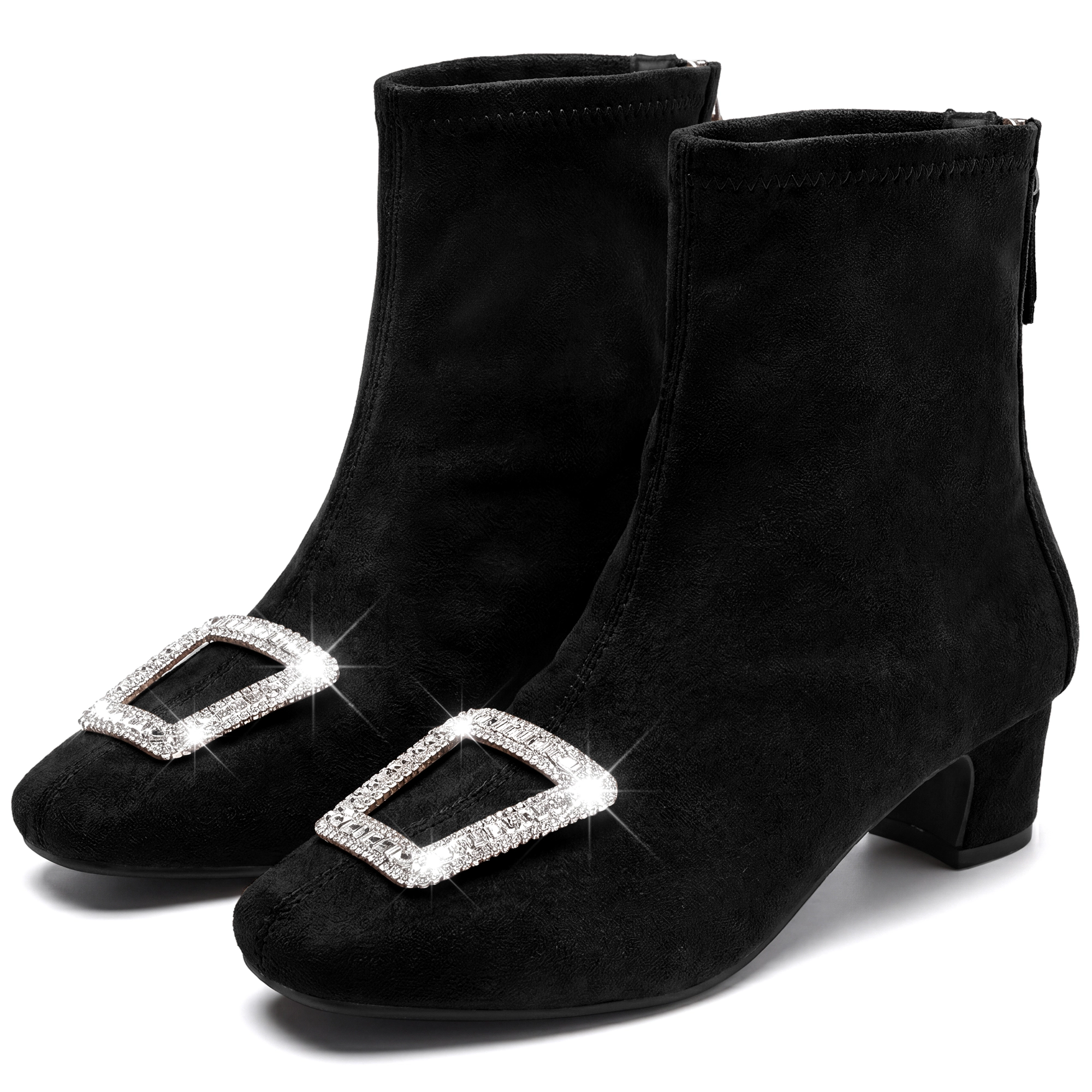 BLISSFUL STEP Women Rhinestone Square Toe Buckle Mid Block Heel Short Ankle Boots