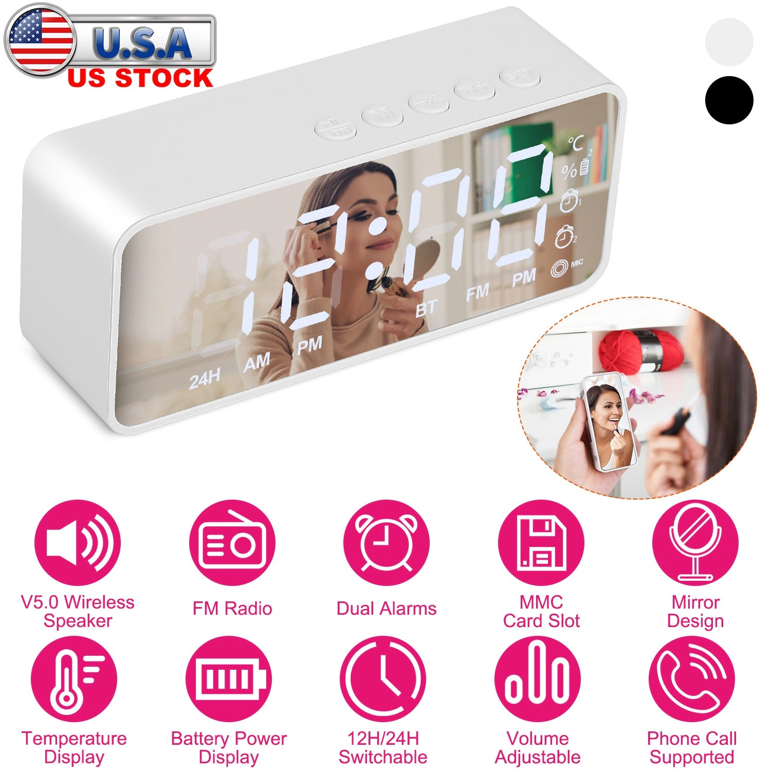GBruno Mirror Digital Alarm Clock With FM Radio Speaker