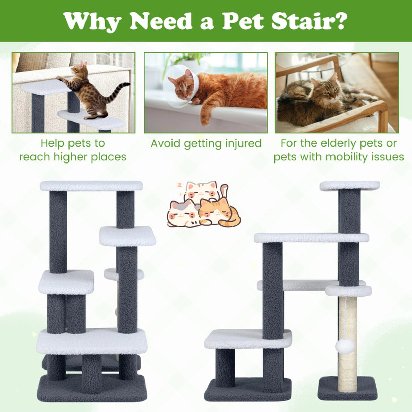 SUGIFT 2-in-1 Cat Stairs Cat Tree Tower with Scratching Posts and Hanging Toy Ball 33-lb Capacity Gray