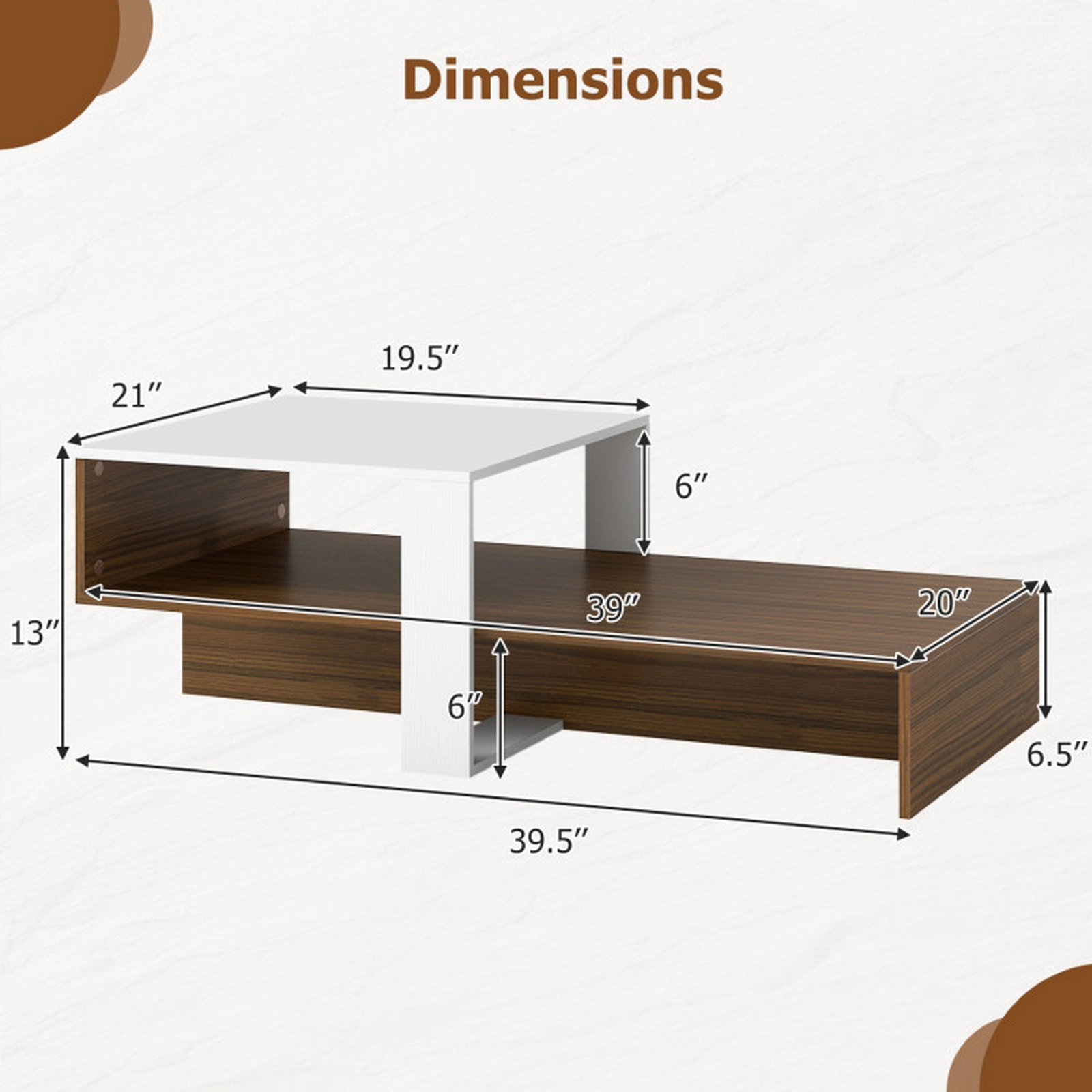 SUGIFT 2-Tier Irregular Offset Brown Open Shelf Low Modern Coffee Table 39.5-in x 21-in x 13-in 66-lb Capacity White