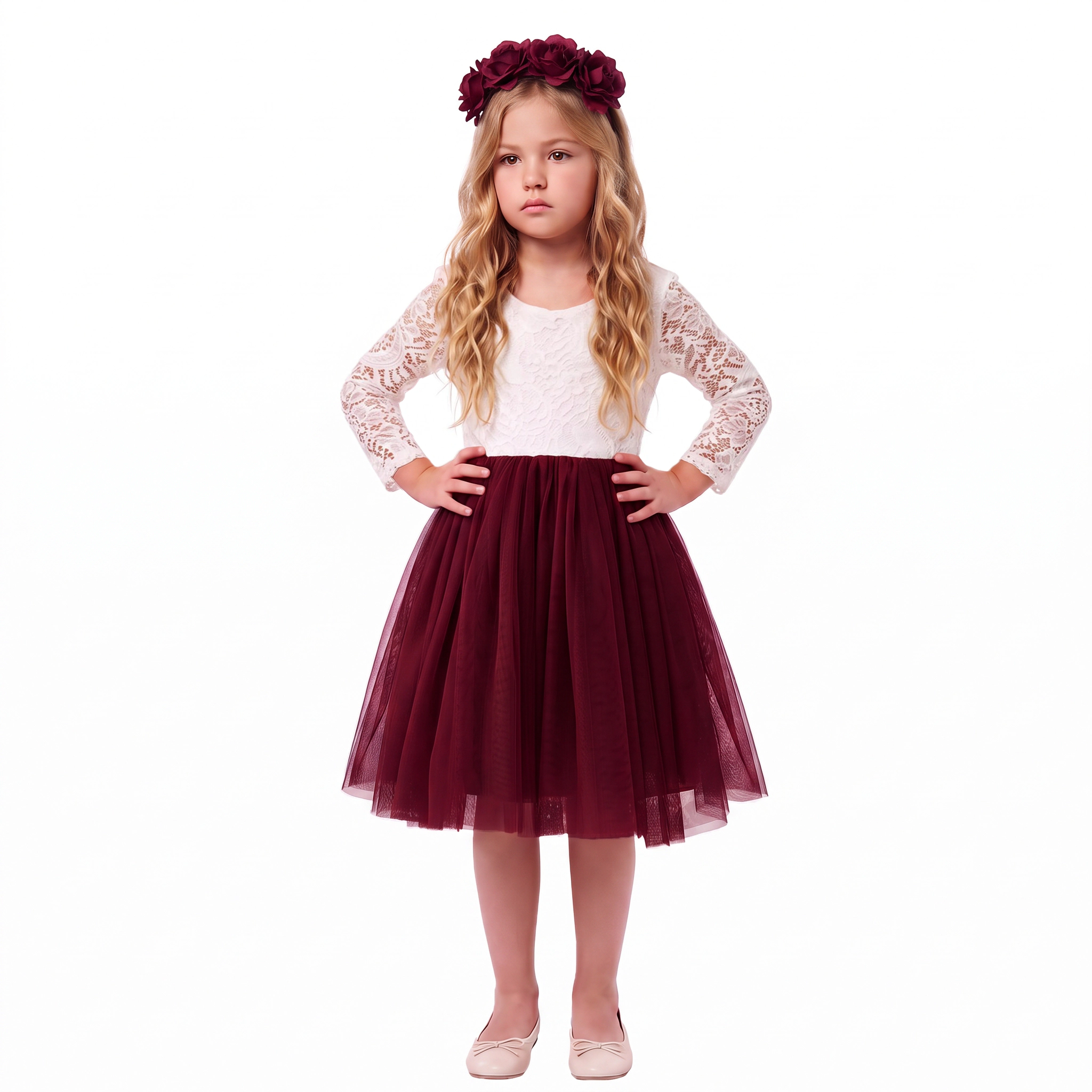 2Bunnies Girls' 6M-10Y Peony Lace Sleeve Knee Flower Girl Dress