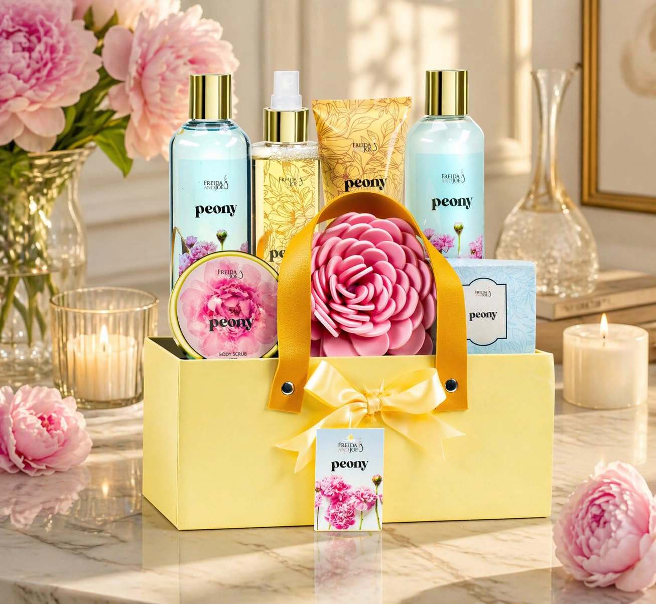Freida & Joe Peony Bath & Body Spa Gift Set in Yellow Basket