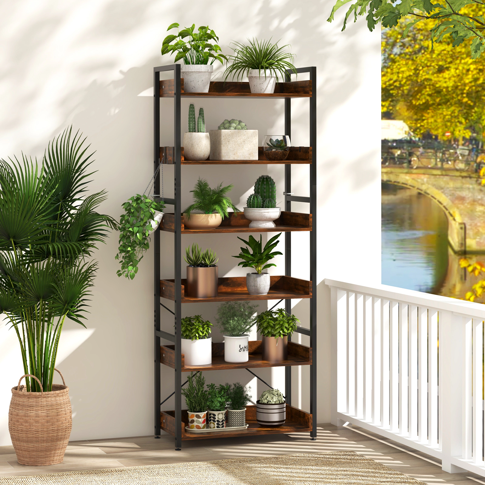 SlickBlue 6 Tier Industrial Bookshelf with 4 Hooks