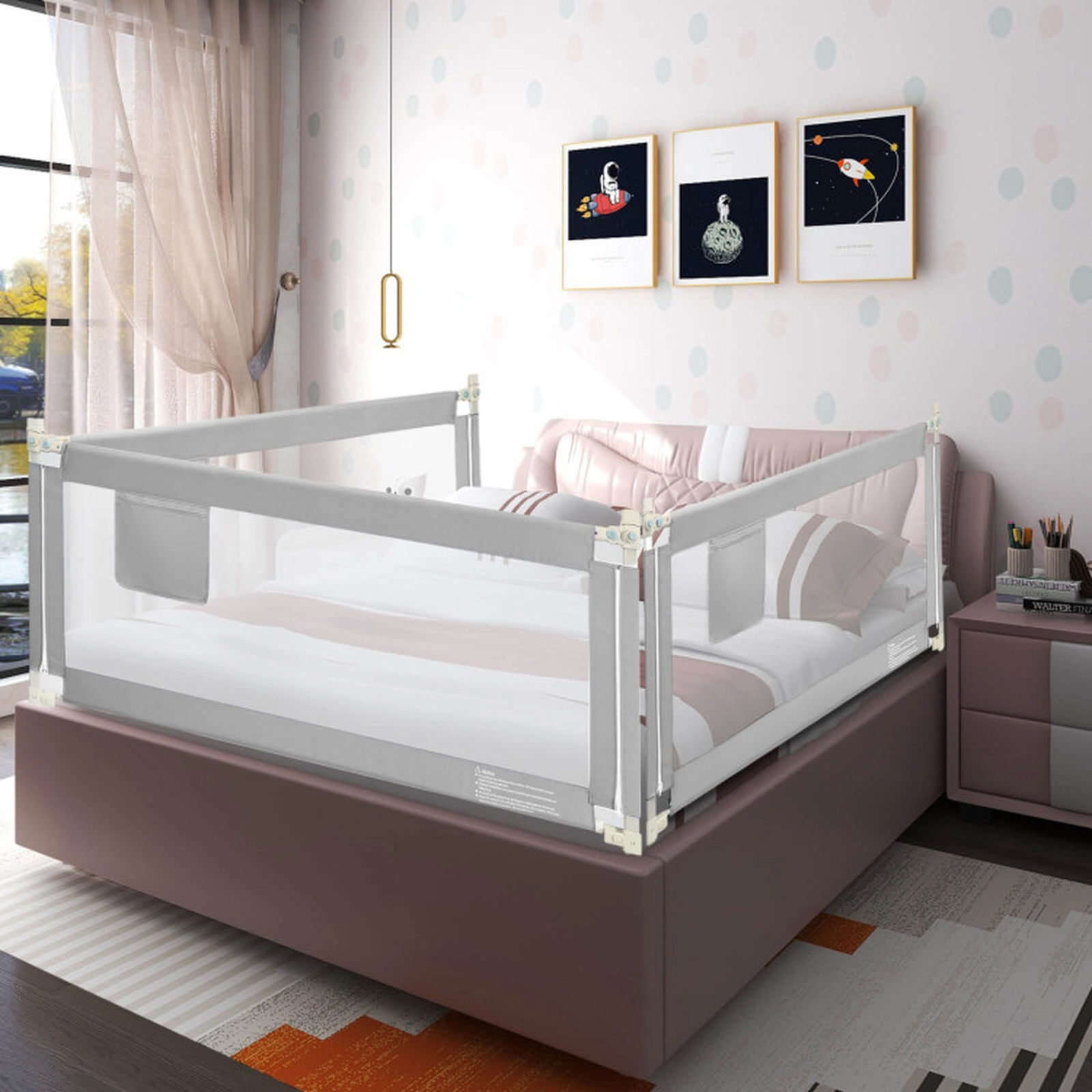SUGIFT Toddler Vertical Lifting Double Safety Lock 24-Level Adjustable Baby Bed Rail 76.8-in x 9.6-in x 28.5-in Gray