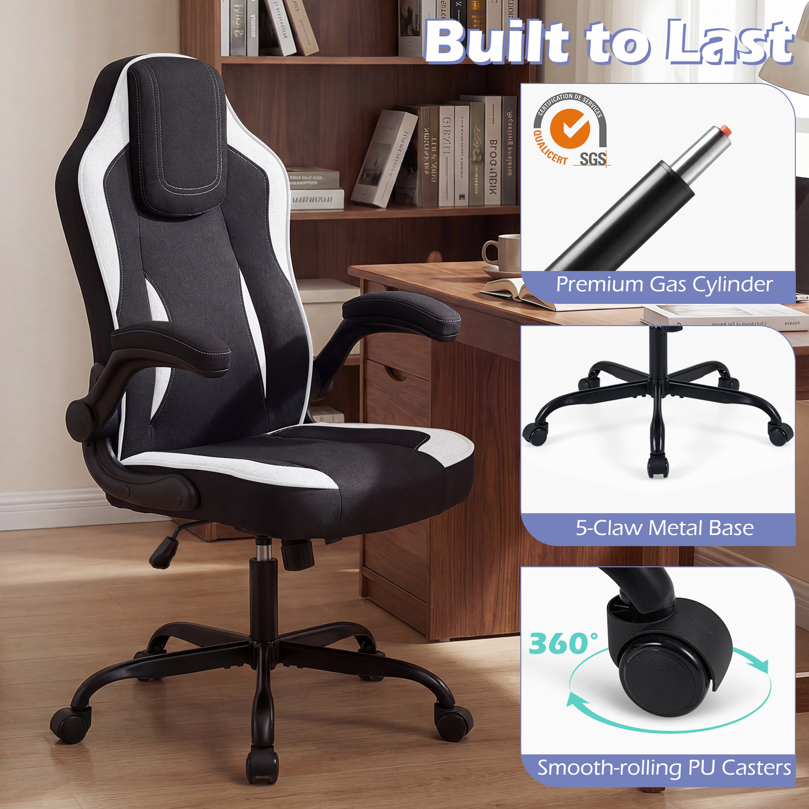 SUGIFT Ergonomic Linen Computer Office Chair with 90° Flip-up Armrests 275-Lb Capacity High Back White & Black