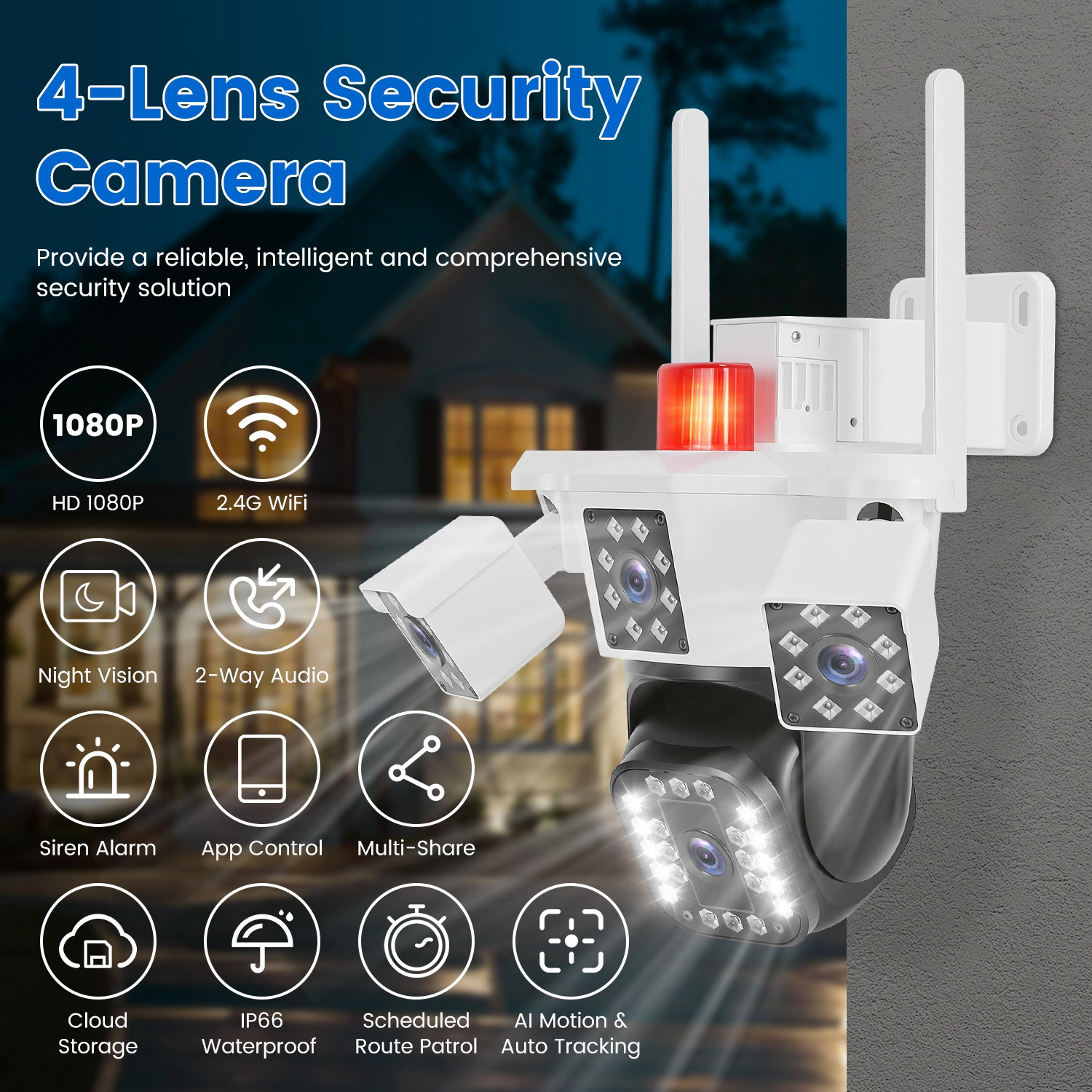 GBruno 1080P 4-Lens Security Camera 360° WiFi Pan Tilt