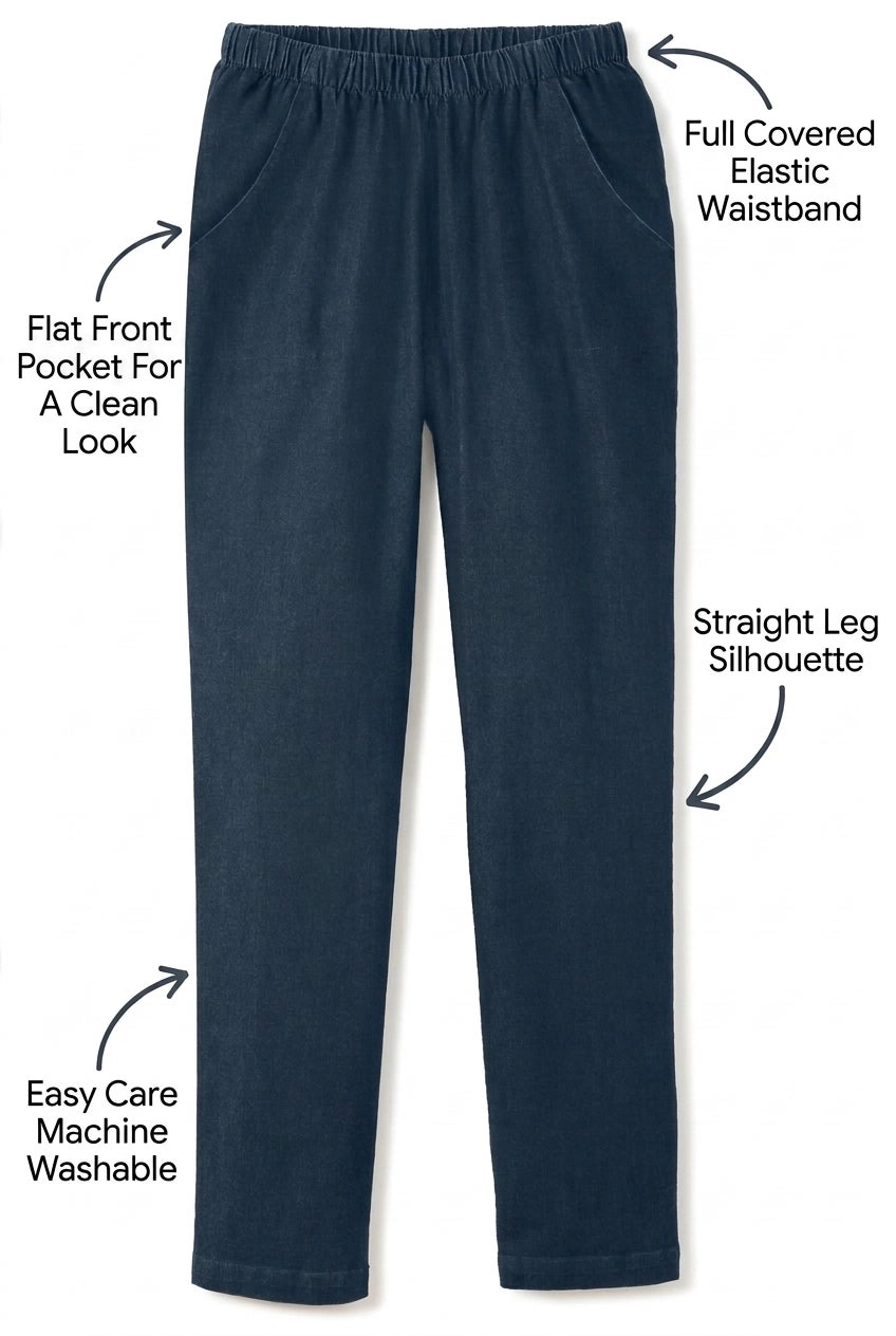 Woman Within Plus Fineline Pull-On Elastic Waist Straight-Leg Stretch Denim Jeans