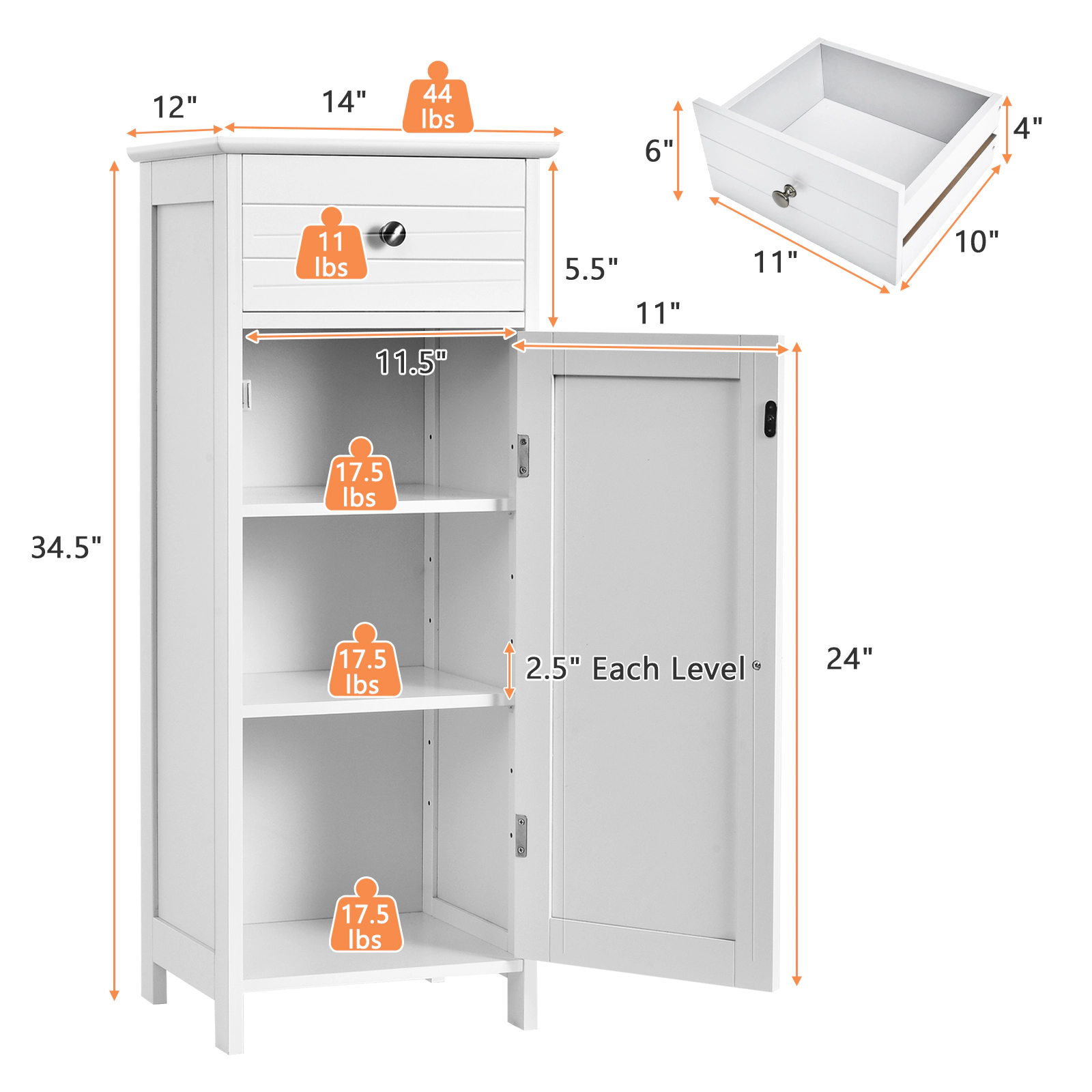 SUGIFT Wooden Storage Free-Standing Bathroom Floor Cabinet with Drawer and Adjustable Shelf 132-lb Capacity White