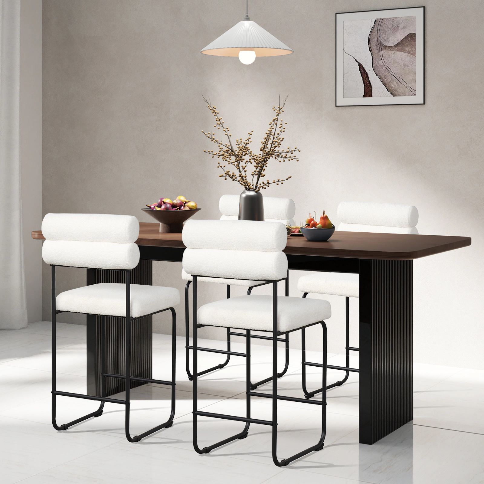 SUGIFT Set of 2 White 26-Inch Counter-Height Teddy Fabric Bar Stools