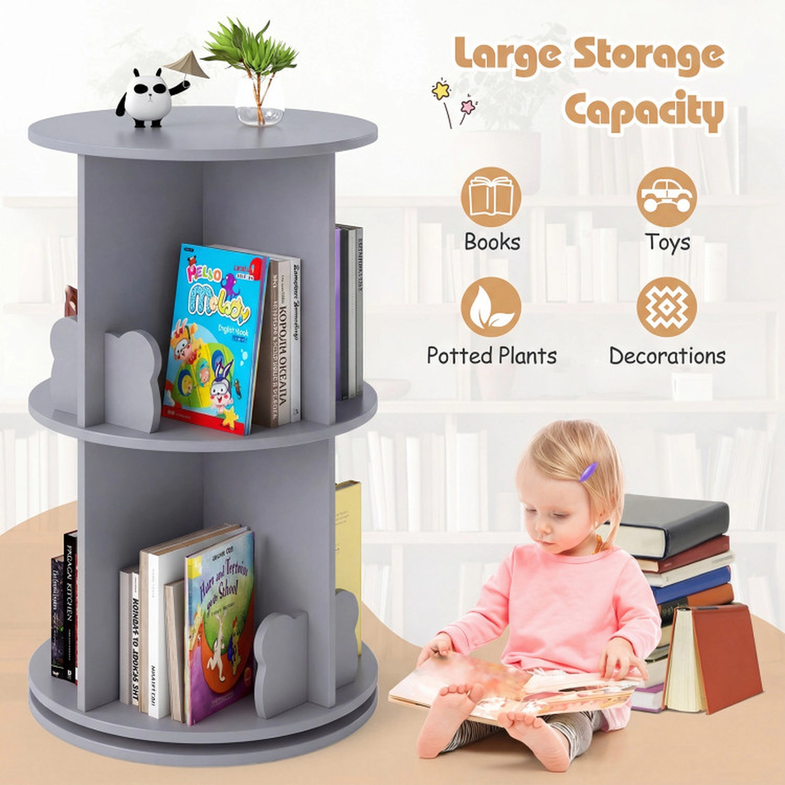 SUGIFT 2 Tier Freestanding Kids Rotating Bookshelf Storage Rack Toy Organizer 33-lb Capacity Coffee 8 Compartments