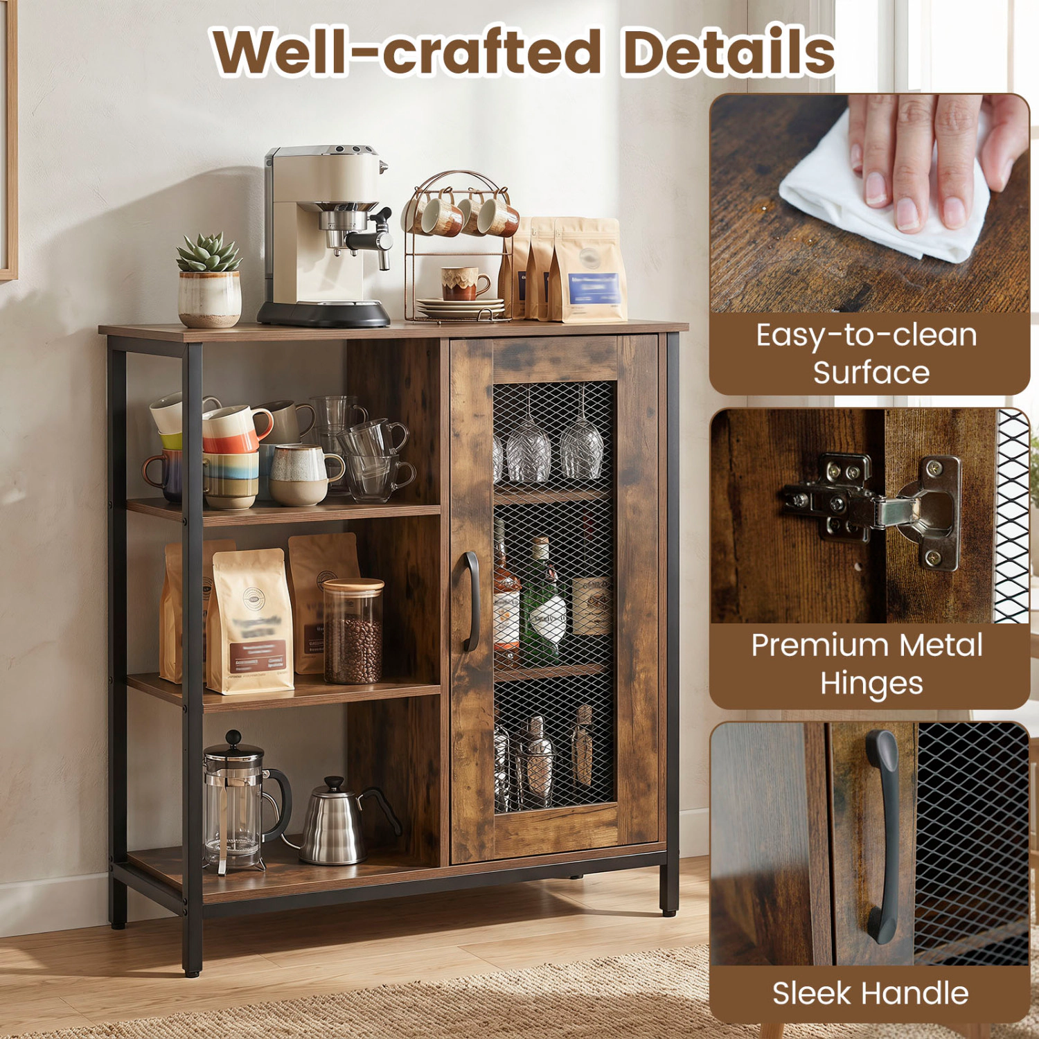 Glintex Industrial Side Cabinet with Metal Mesh Door and 3-Position Adjustable Shelves