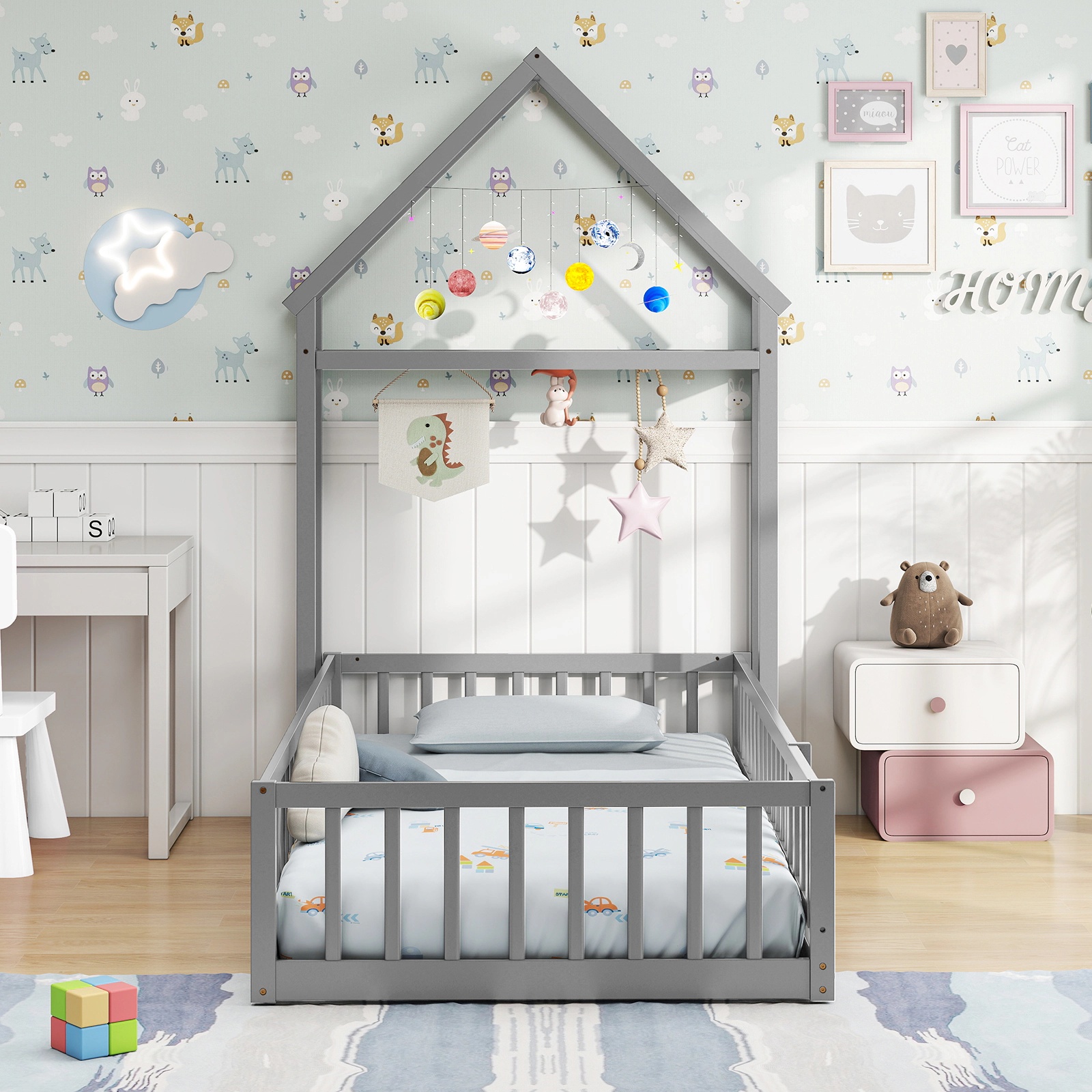 SUGIFT Twin House Floor Bed with Gabled Headboard, Safety Rails, Latching Gate and Drying Rack, Gray