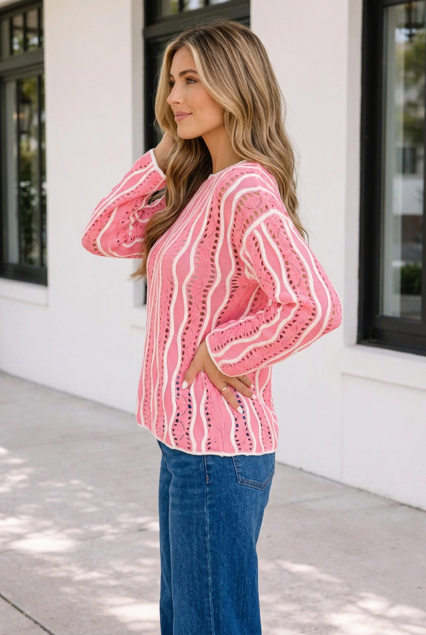 Threaded Pear Jaida Cotton Pullover Sweater - Wavy Colorblock Eyelet Knit, Pink