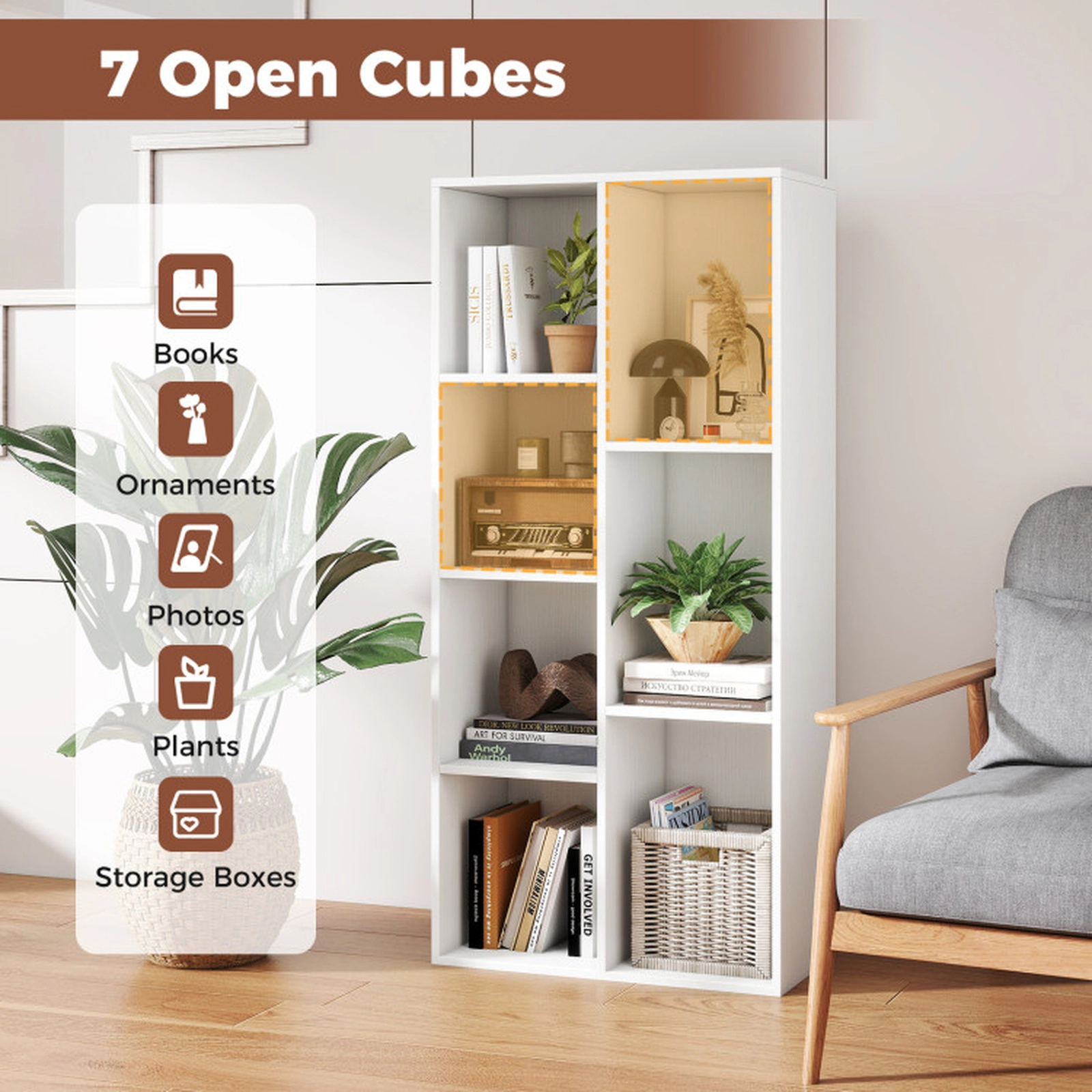 SUGIFT Vertical or Horizontal Freestanding Bookshelf with 7 Compartments 176-lb Capacity 19.5-in Wide White