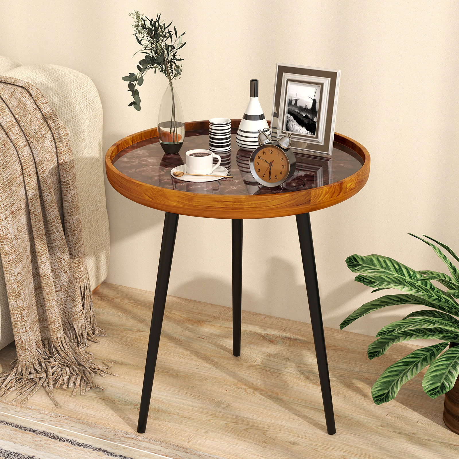 Glintex 20-Inch Round Sea Shell End Table with Teak Wood Top and Epoxy Resin Finish, Green