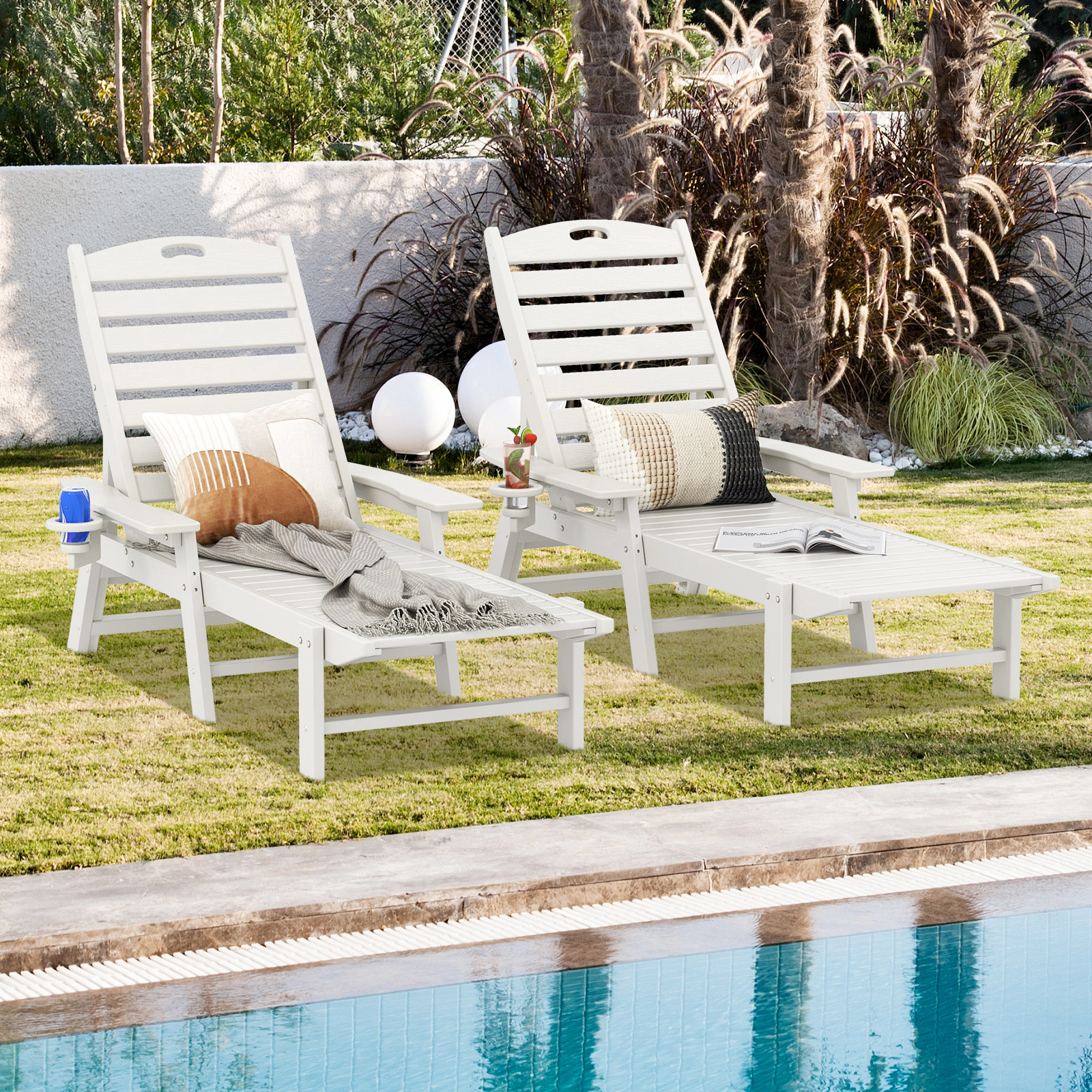 SUGIFT Cup Holder 330-lb White HDPE Patio Chaise Lounge Chair 4-Position Backrest