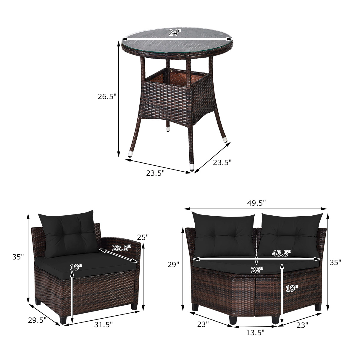SUGIFT 4-Piece Black Rattan Patio Sectional Sofa Set with Glass Coffee Table