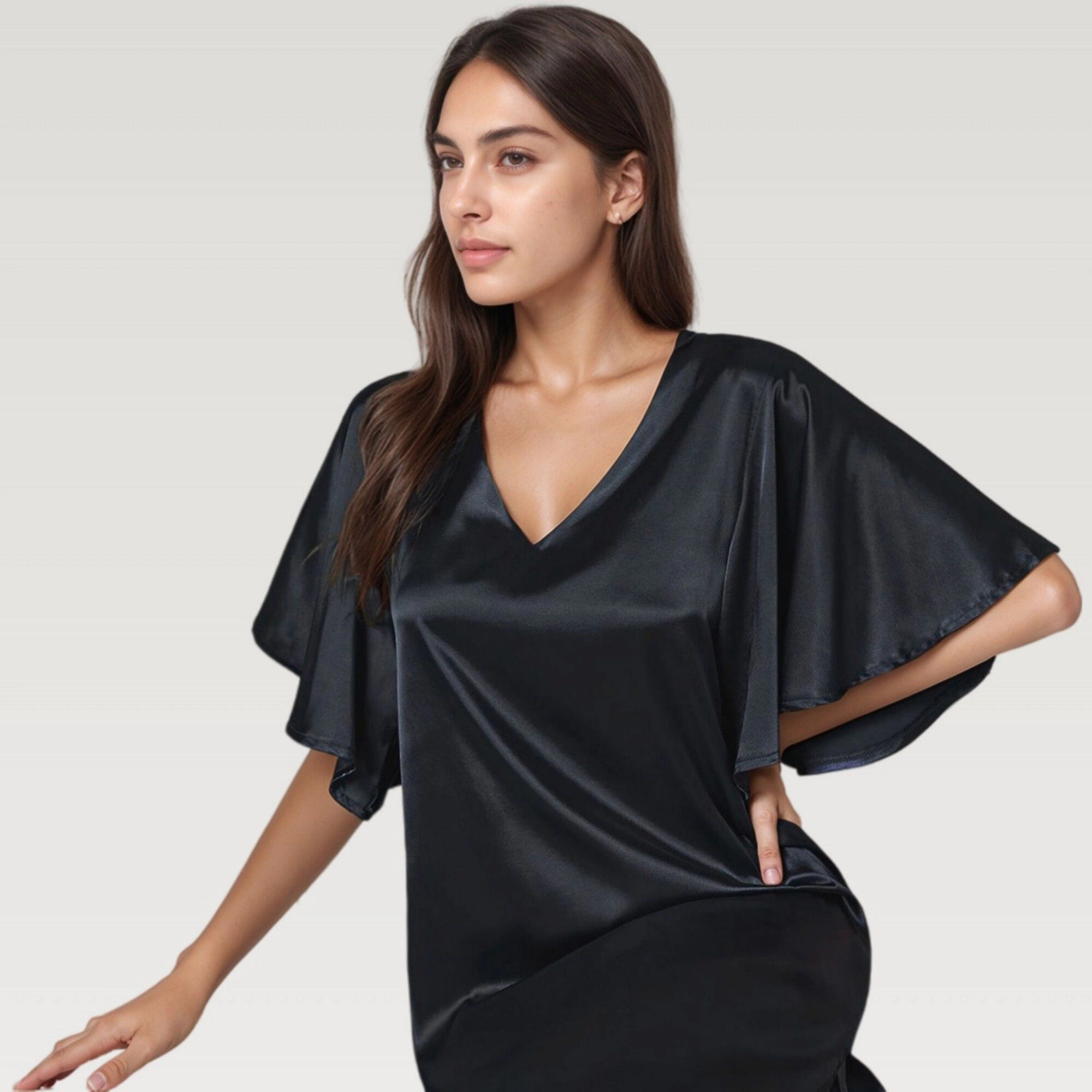 Anna-Kaci Women's Satin V-Neckline Flutter Sleeves Midi Dress