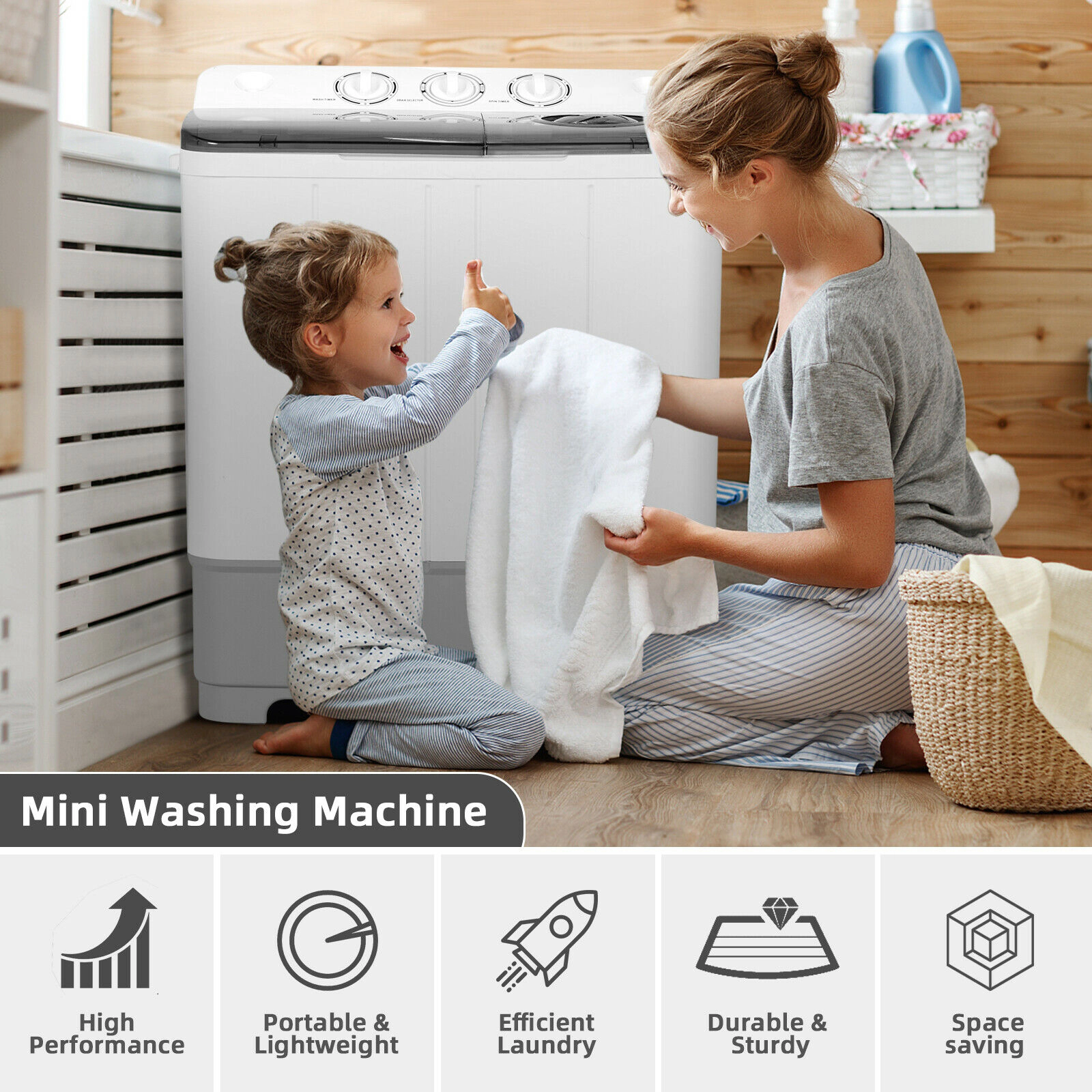 SUGIFT 2-in-1 Twin Tub Portable Washing Machine 22-lb Capacity with Timer Control Gray