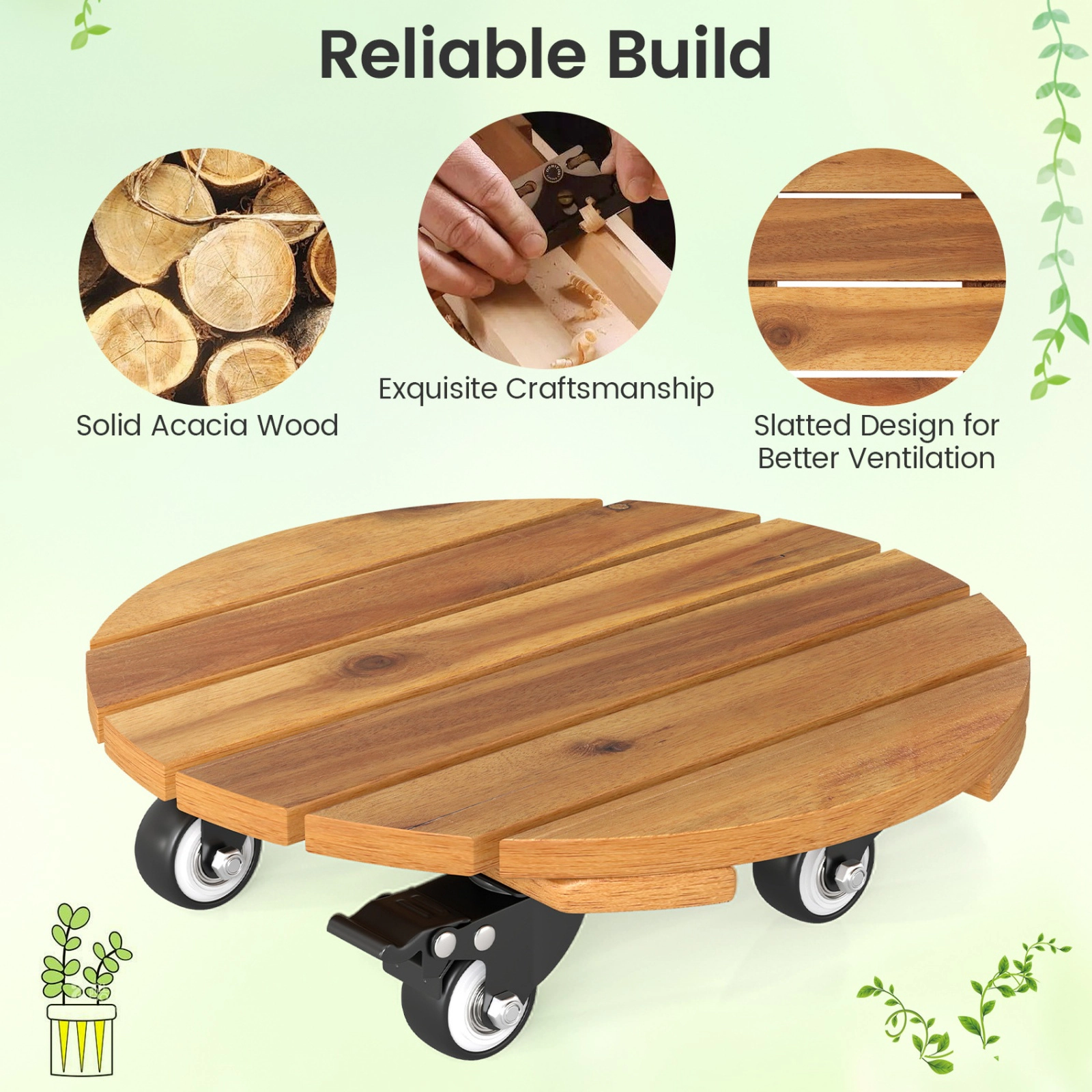 SUGIFT Set of 4 Natural 12-in 175-lb Acacia Wood Rolling Plant Caddy Dolly with Lockable Casters