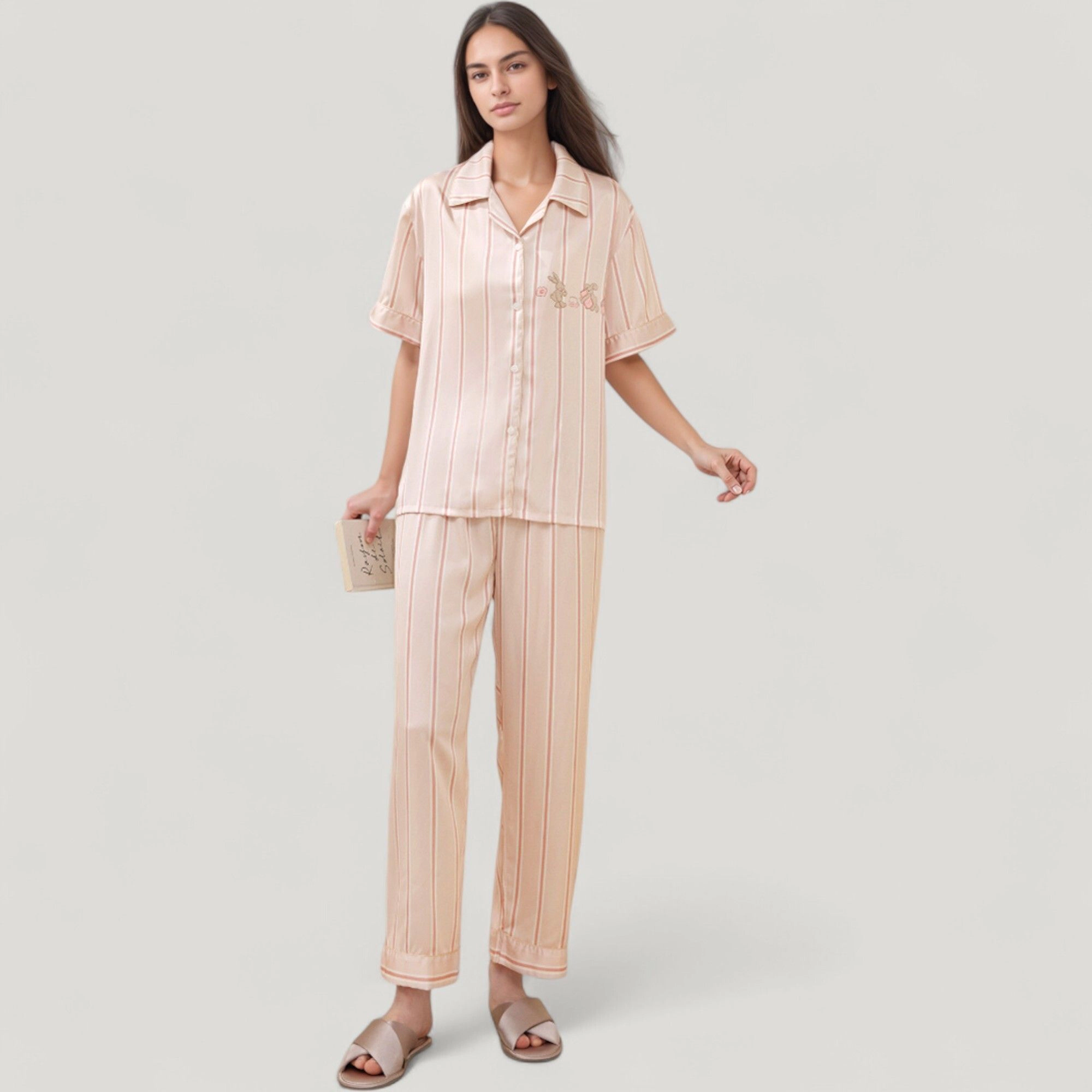 Anna-Kaci Women's Striped Pajama Set with Embroidered Bunny Detail Short Sleeve Button Up Top and Full-Length Pants
