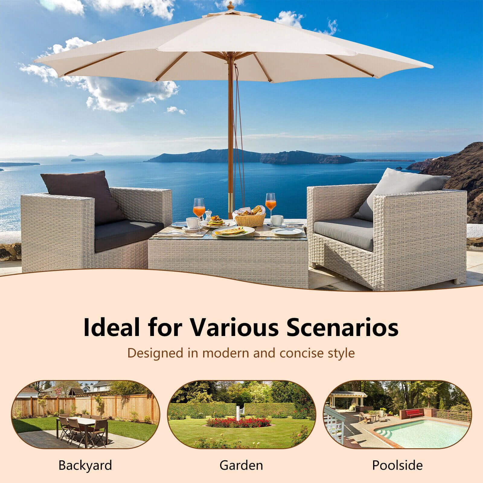 SlickBlue 10 Ft Patio Umbrella with Rope Pulley, Beige, Vented Canopy
