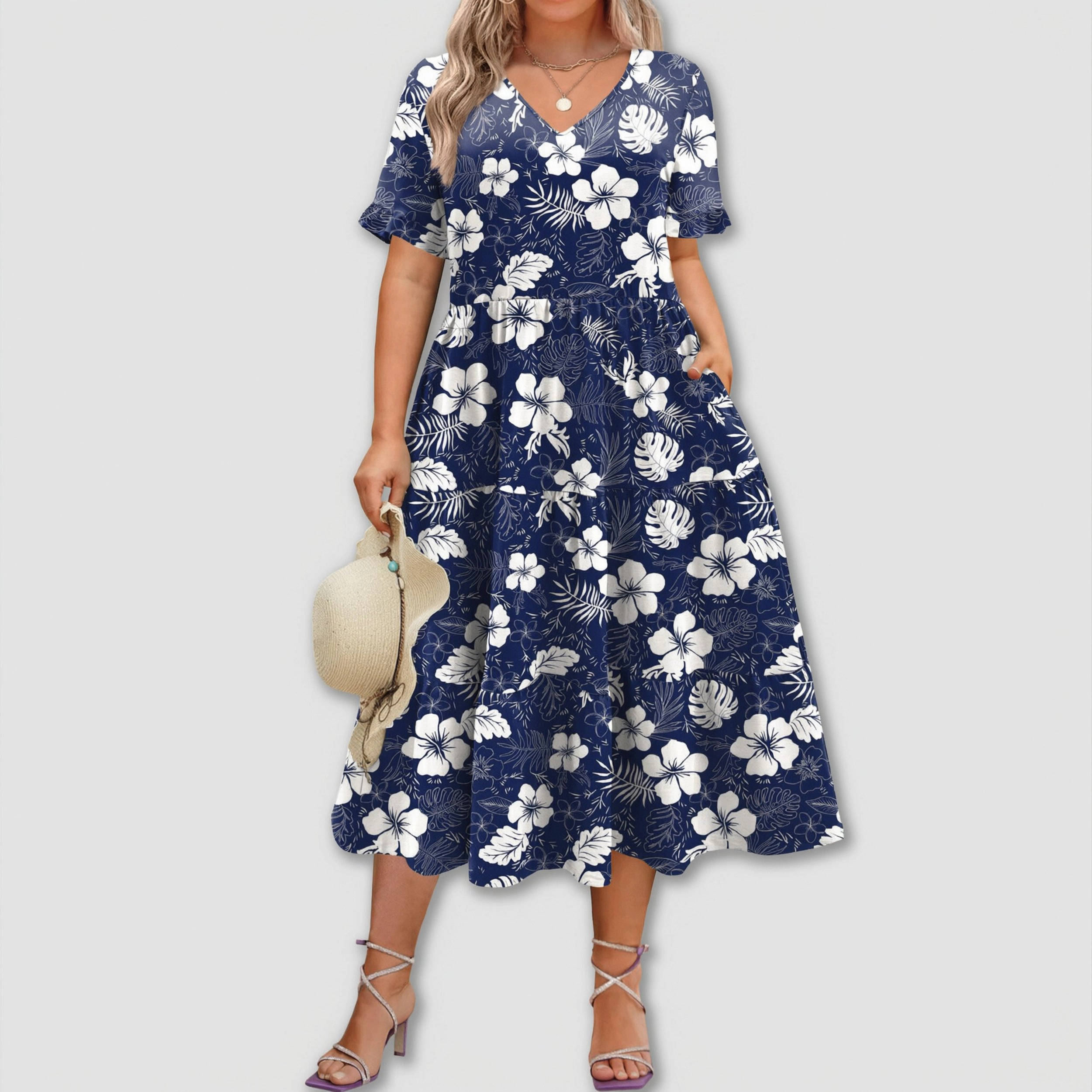 Zeagoo Women's V Neck Short Sleeve Midi Dress