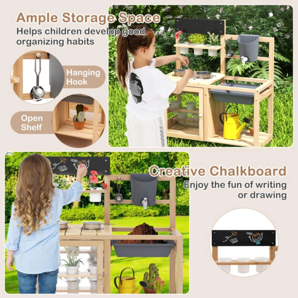 Hivvago Mud Kitchen Playset with Sink and Plants Observation Room-Natural