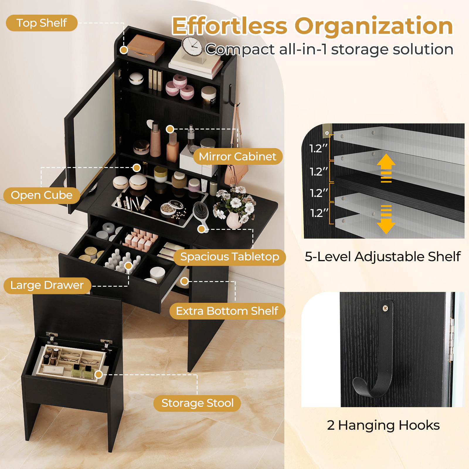 SUGIFT Space-Saving Vanity Desk with LED Mirror, Charging Station and Storage Stool 44-lb Tabletop Capacity 297-lb Stool