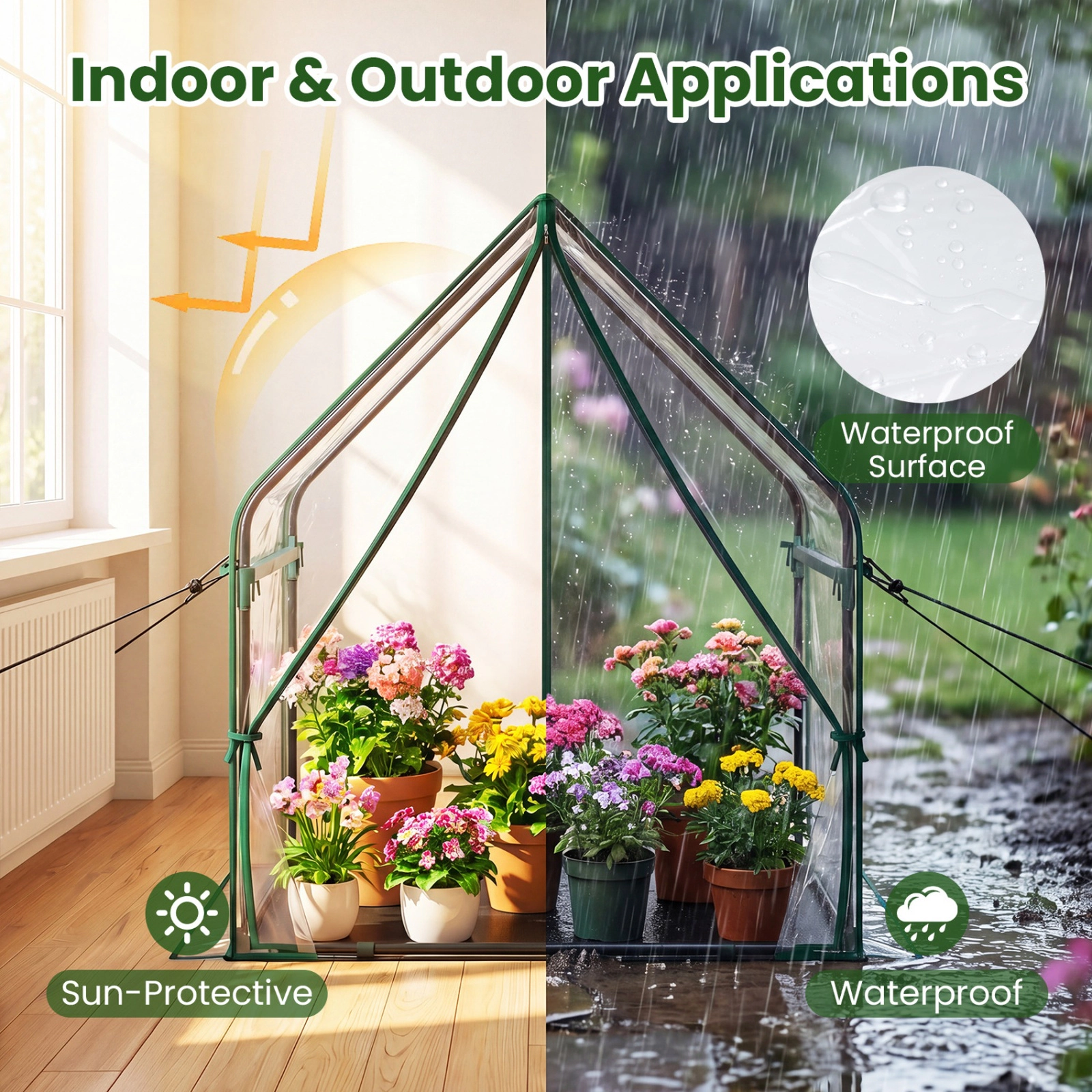 SUGIFT Sun-Protective Mini Green House Metal Frame with Waterproof Bottom Mat and Wind Ropes Medium 36-in Tall Clear