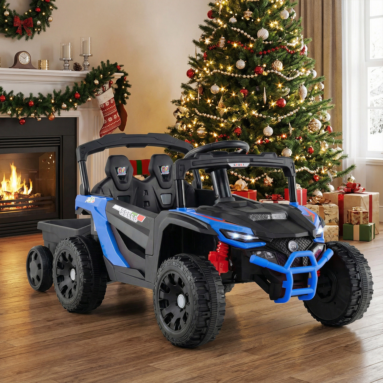 12V Kids Ride On Tractor with Detachable Trailer Parent Remote LED Headlights and Seat Belt Ages 3+ Black and Blue