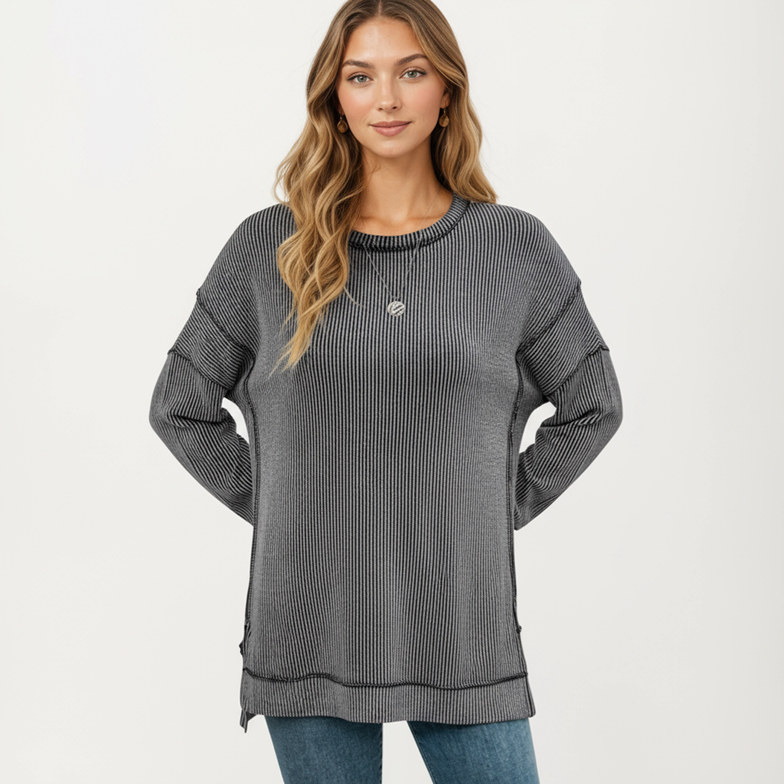 Anna-Kaci Women's Ribbed Side Slit Crew Neck Long Sleeve Pullover Knit Top