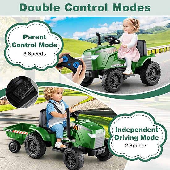 Glintex 12V Kids Ride-On Tractor with EVA Wheels and Detachable Trailer, Green