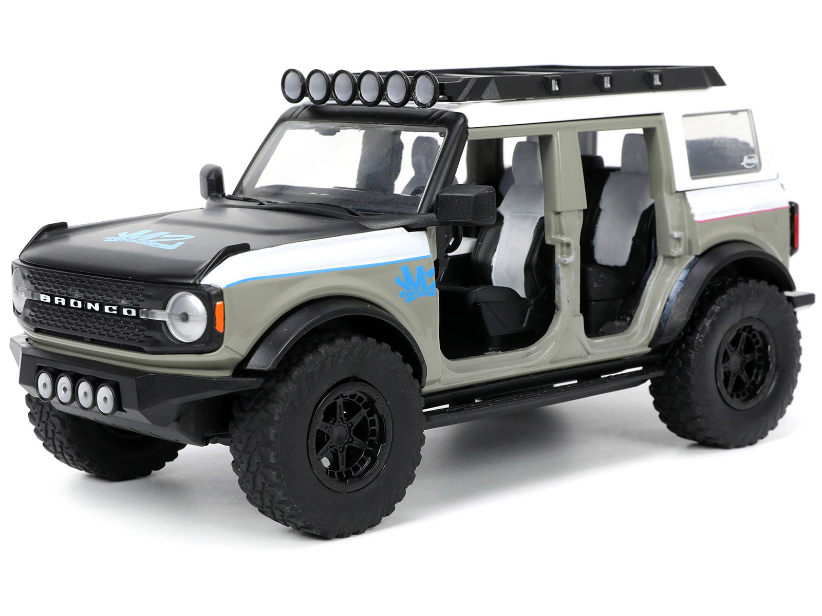 Jada 2021 Ford Bronco Gray and White with Matt Black Hood with Roof Rack "M2 Motoring" "Just Trucks" Series