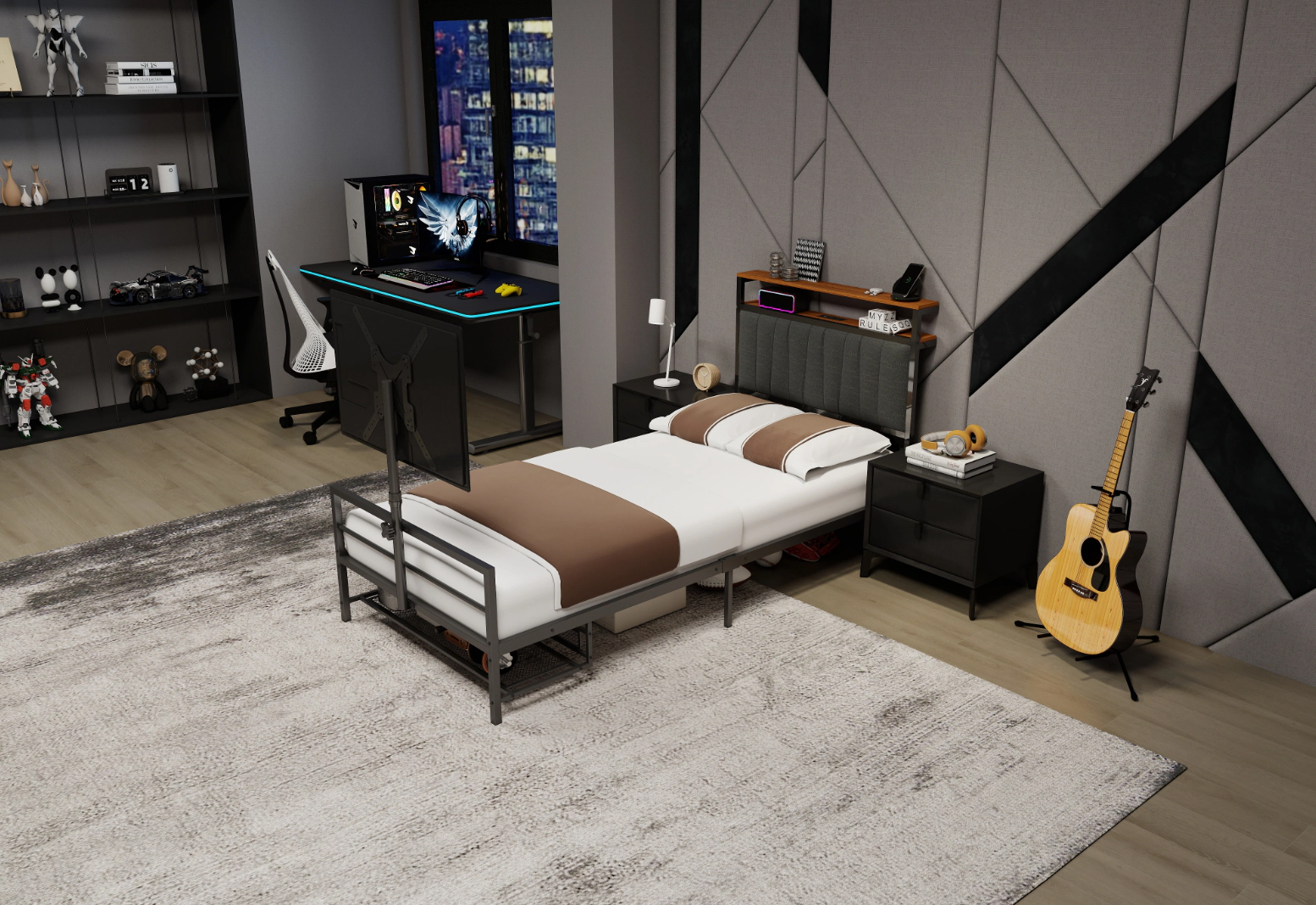 Flynama Twin Gaming Bed with Rotating TV Mount for 65" TVs, LED & Power Board