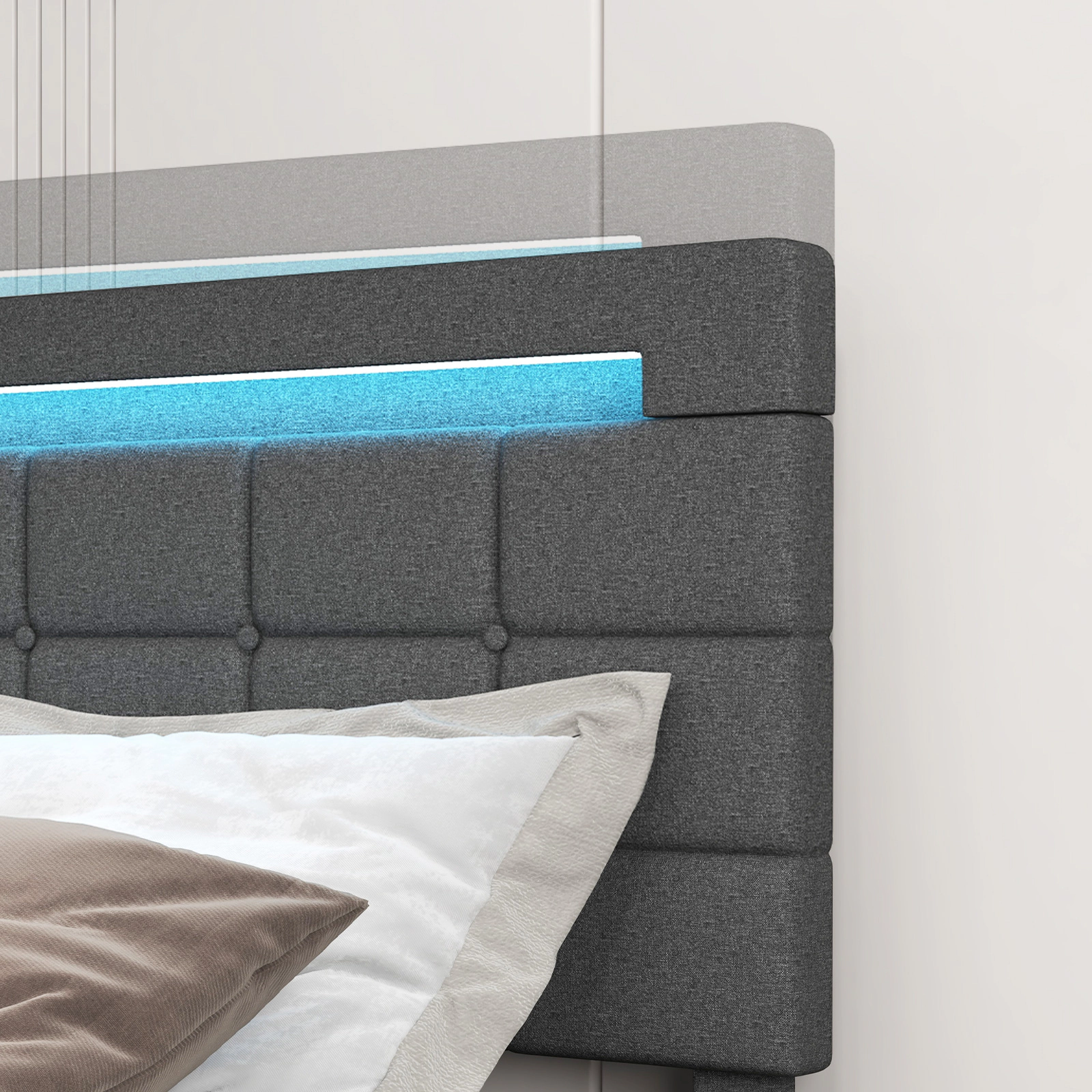 Full Size Upholstered LED Bed Frame with 4 Rolling Drawers Button Tufted Adjustable Headboard Gray