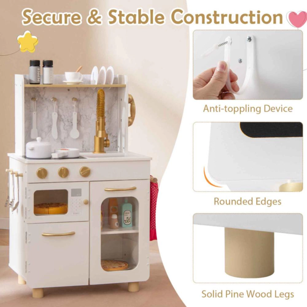 Hivvago Kids Kitchen Set Pretend Play Kitchen with Stoves Faucet Sink Telephone Microwave and Oven-White