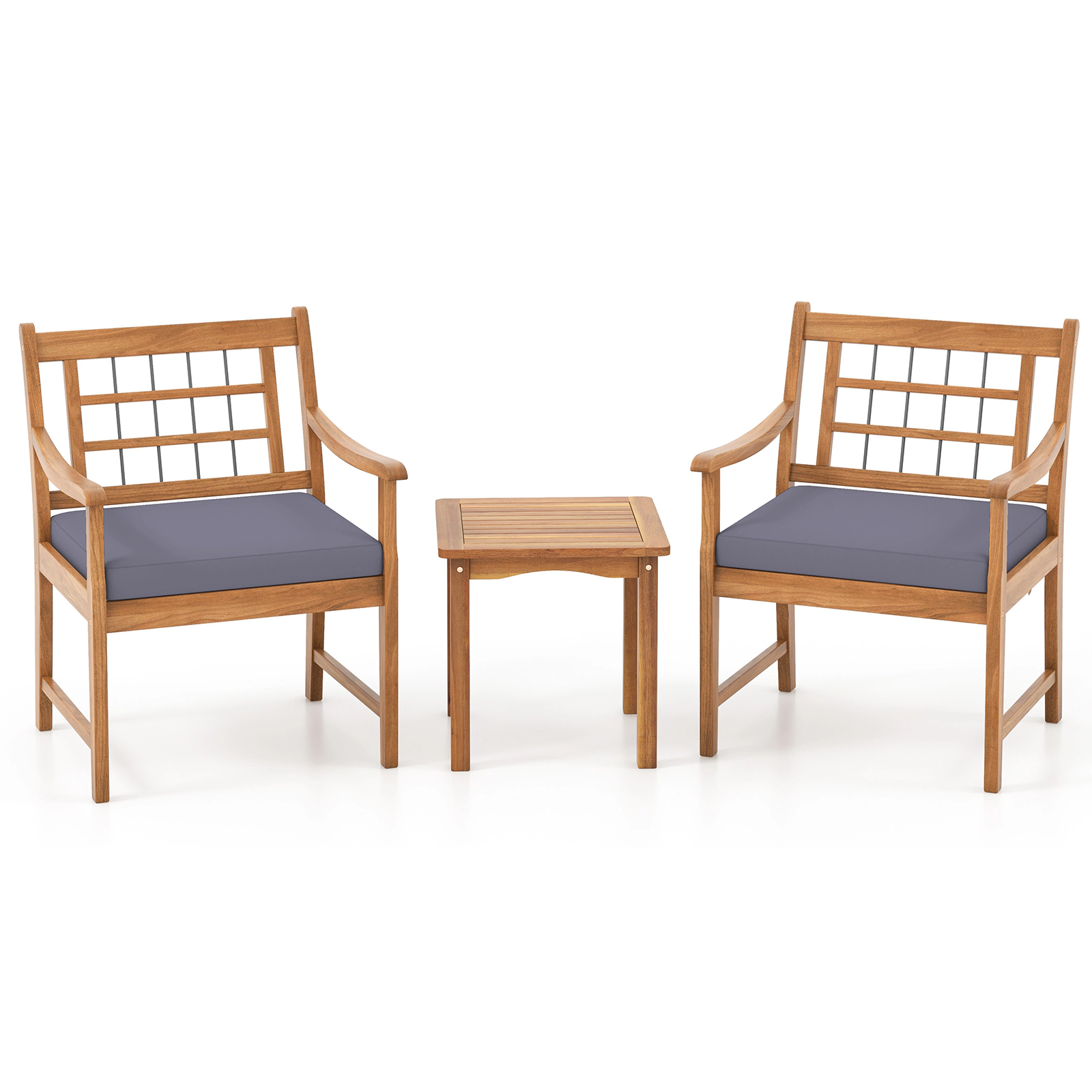 SUGIFT Patio Conversation Set with Seat Cushions 400-lb Chairs 180-lb Table White Gray Navy Cushions Natural Frame