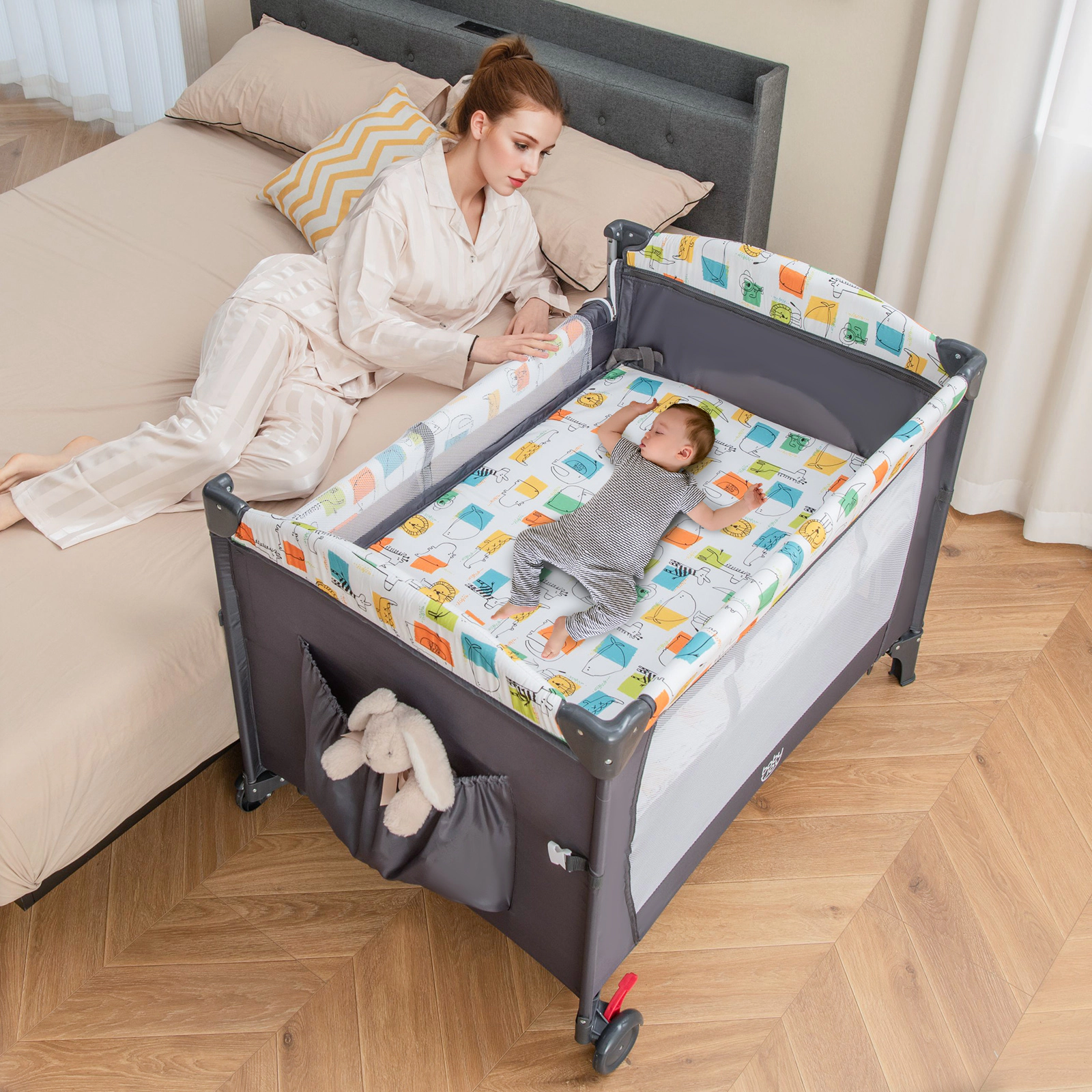 SUGIFT Height Adjustable Rocking Bedside Baby Bassinet and 110-lb Playpen with Detachable Changing Table