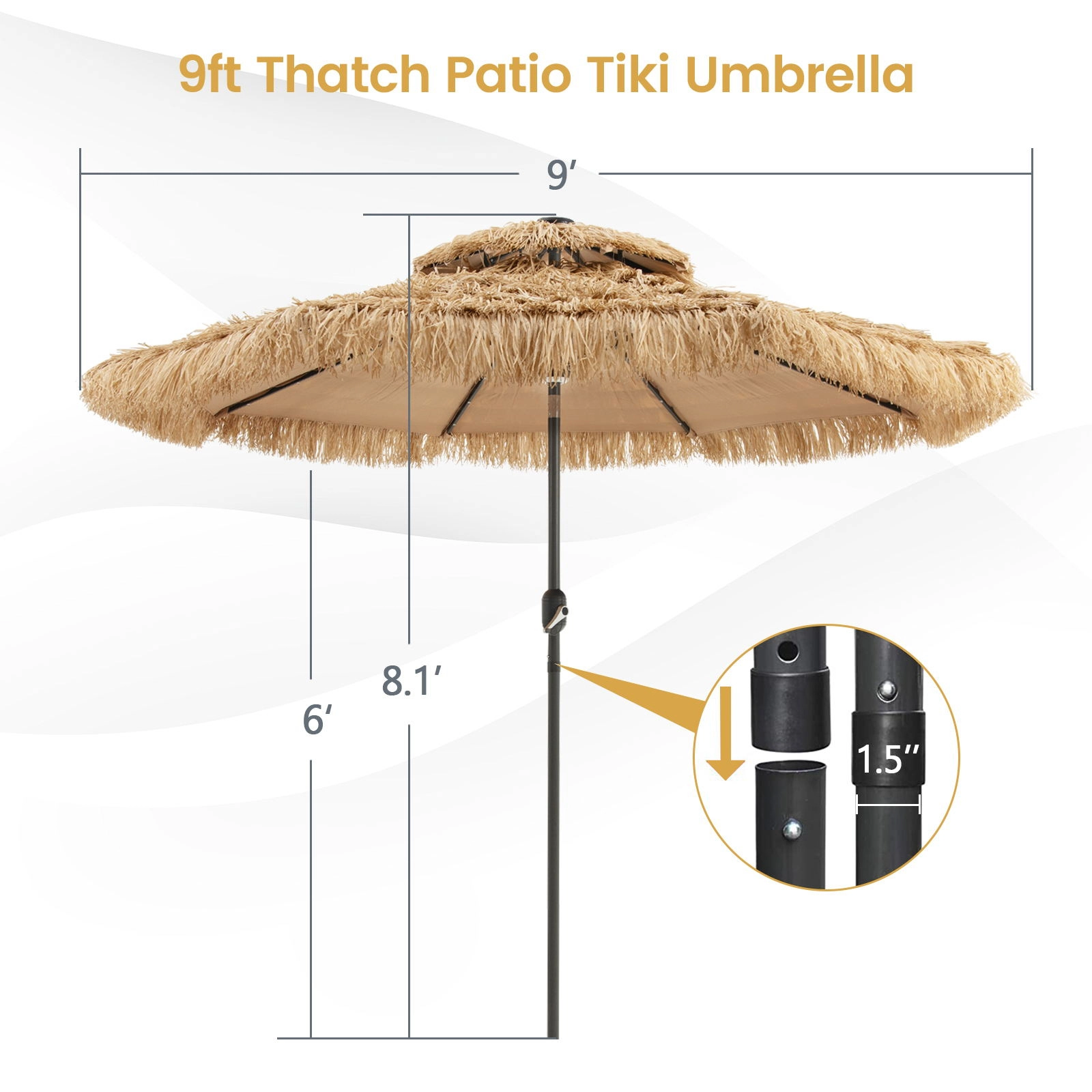 SUGIFT Natural 32 LED Lights and 8 Metal Ribs 9 FT Solar Thatched Tiki Patio Umbrella