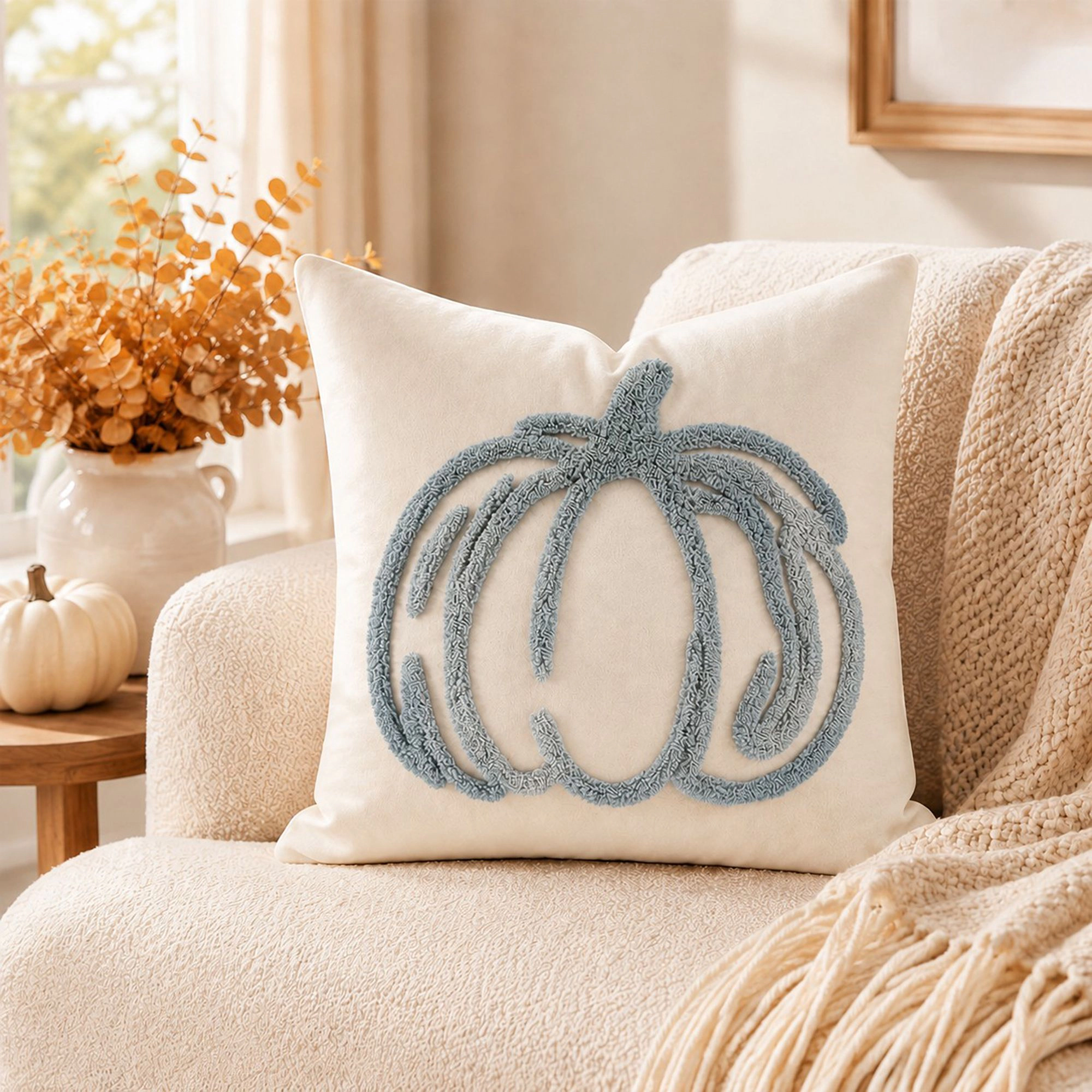Alilang Fall Tufted Pumpkin Outline Decorative Throw Pillow Cover