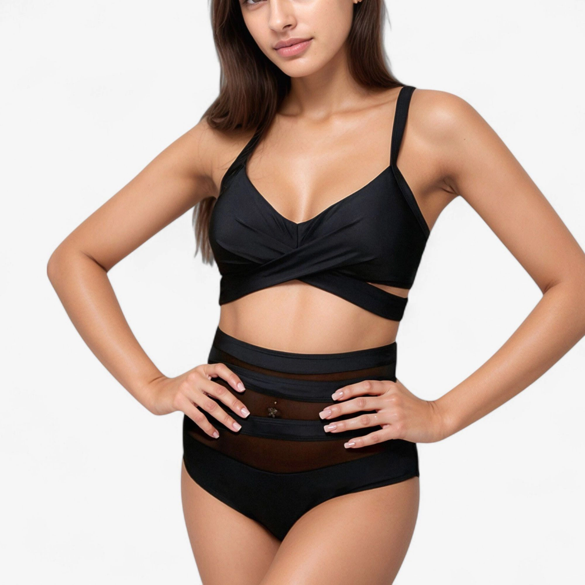 Anna-Kaci Women’s Wrap Bikini Top with Mesh High-Waist Bottom Two-Piece Swimsuit