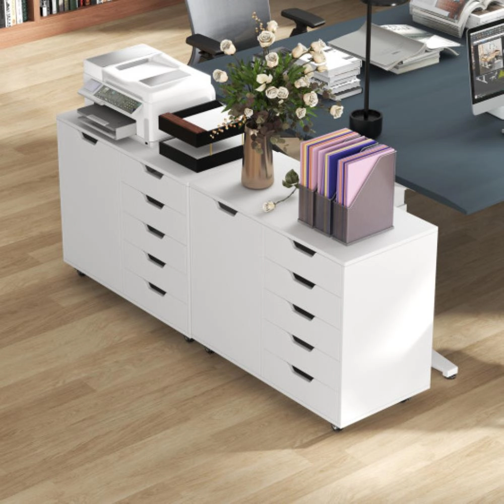 Hivvago 5-Drawer Dresser Chest Mobile Storage Cabinet with Door-White