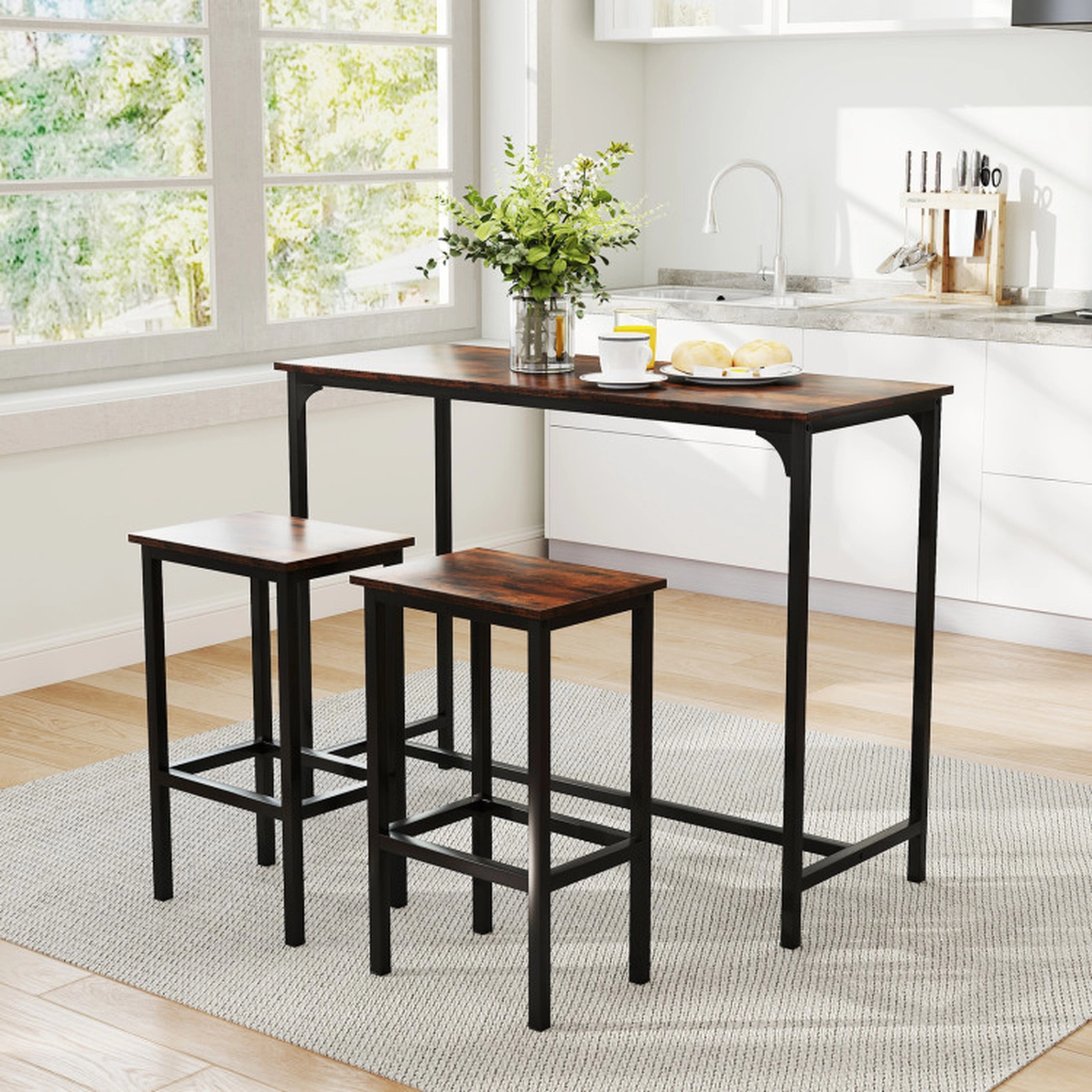 SUGIFT 3-Piece Industrial Counter Height Bar Set, 47.5-Inch Table with 2 Stools