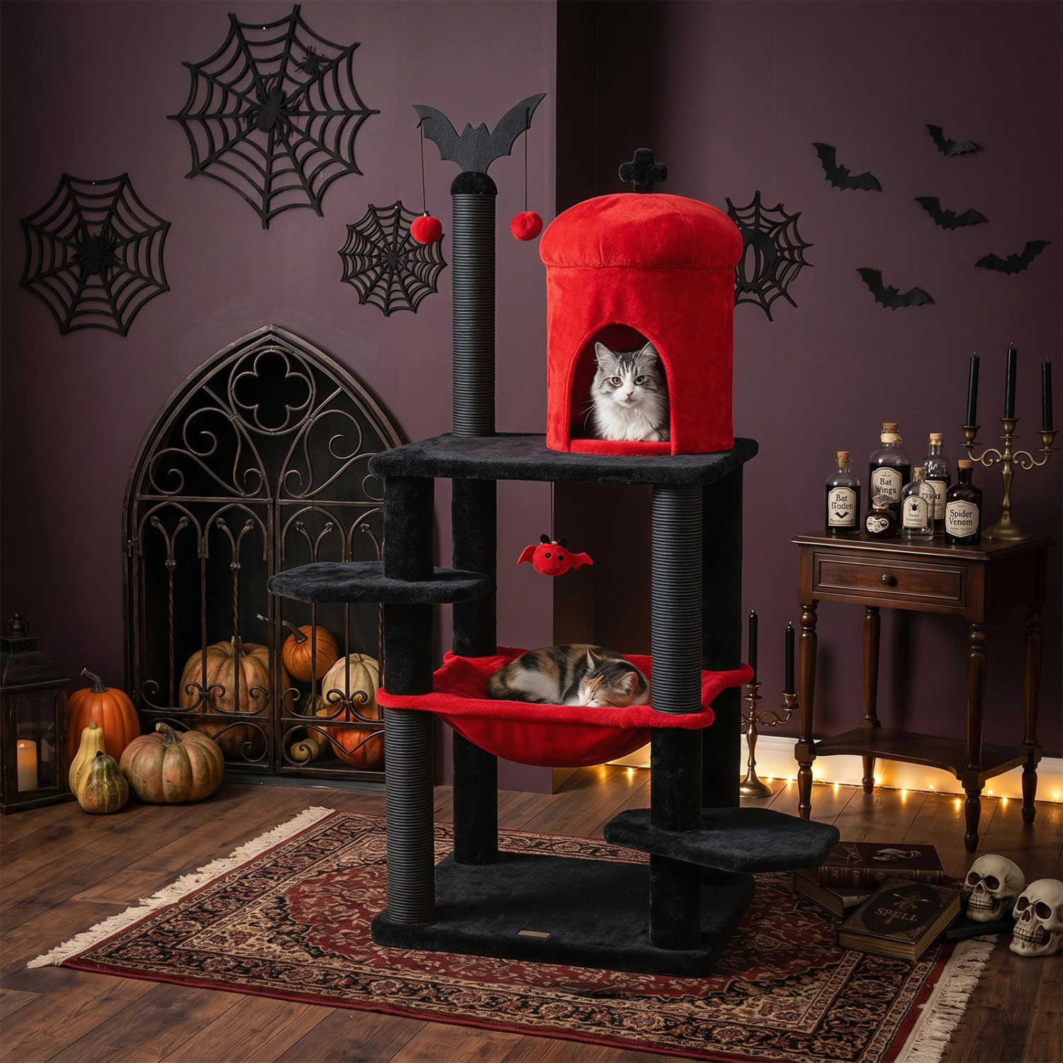LJG 51" Gothic Multi-Level Cat Tree with Spider Hanging Toy for Black Halloween