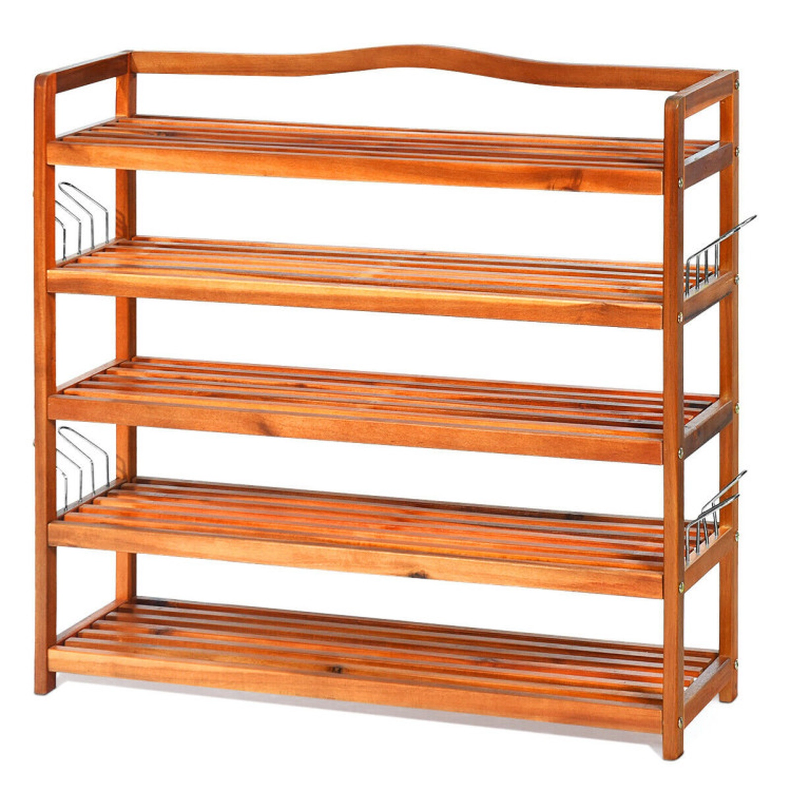 SUGIFT 5-Tier Large Shoe Rack with Removable Shelves and Metal Hooks 180-lb Capacity per Layer Wood Color