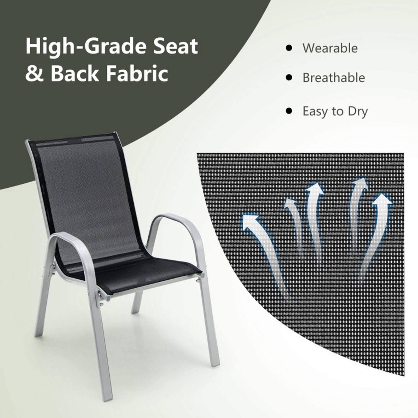 SUGIFT 4-Piece Stackable Patio Dining Chairs with Armrests 330-Lb Capacity 29-in Tall Black Fabric Gray Frame